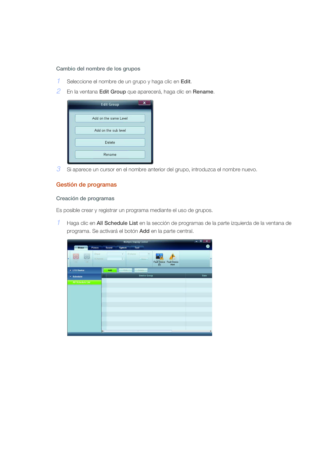 Samsung LH46CRPMBC/EN, LH46CRPMBD/EN manual Gestión de programas, Cambio del nombre de los grupos, Creación de programas 