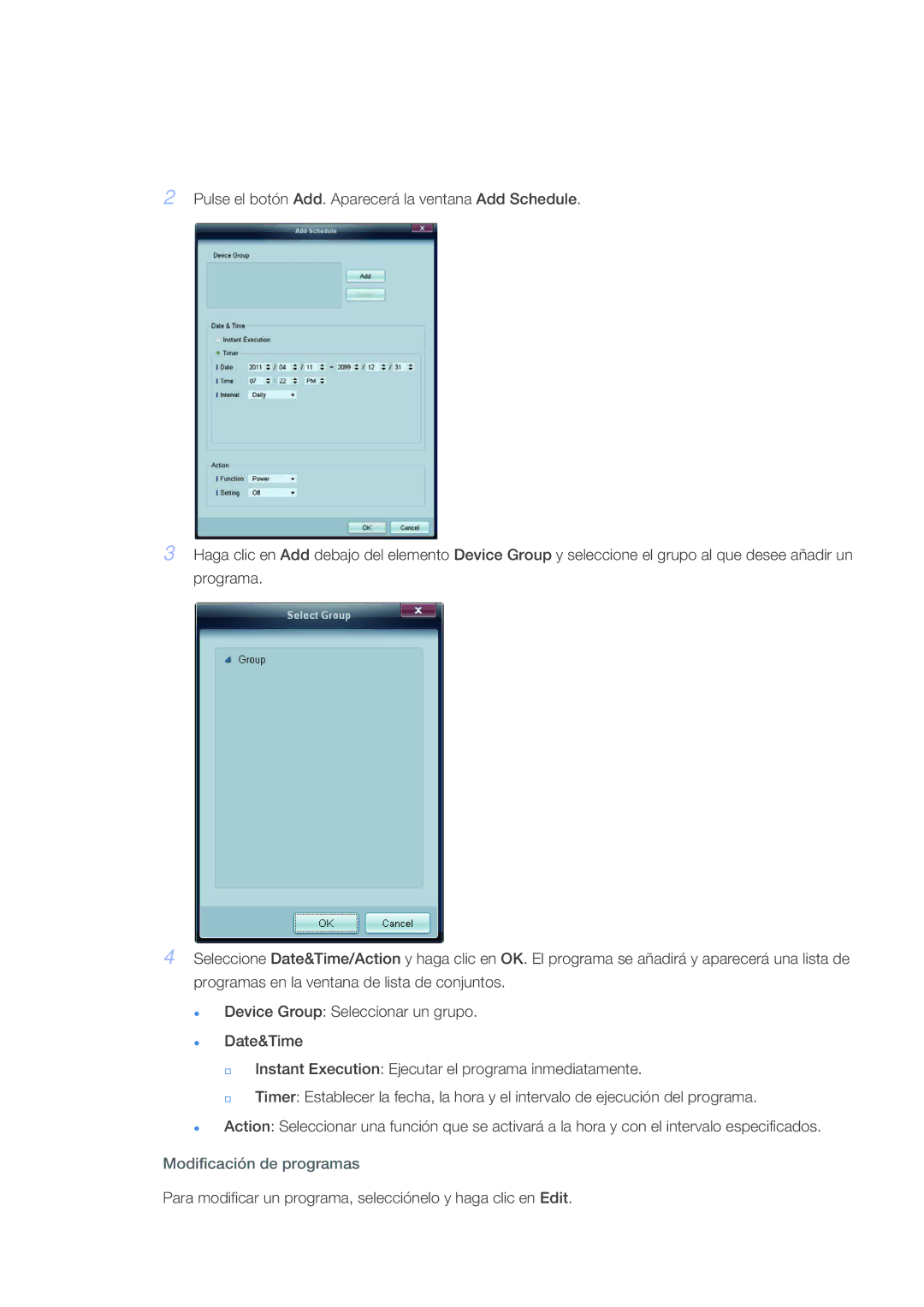 Samsung LH40CRPMBD/EN, LH46CRPMBD/EN, LH46CRPMBC/EN, LH40CRPMBC/EN manual Modificación de programas 