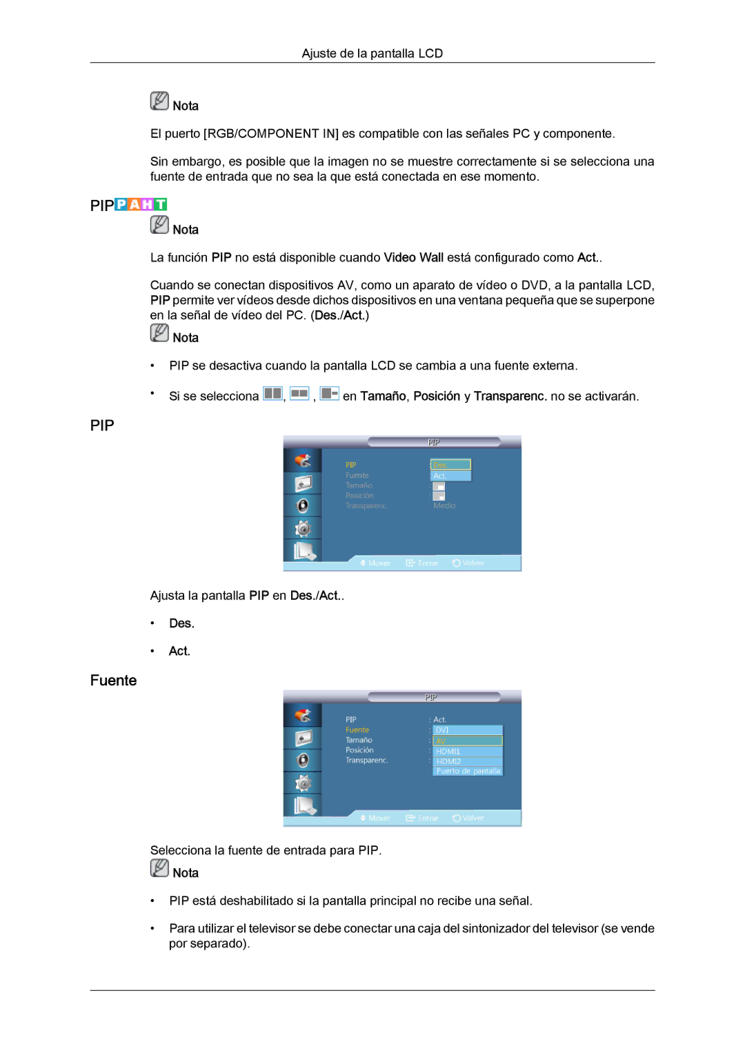 Samsung LH40CRPMBD/EN, LH46CRPMBD/EN, LH46CRPMBC/EN, LH40CRPMBC/EN manual Fuente, Des Act 