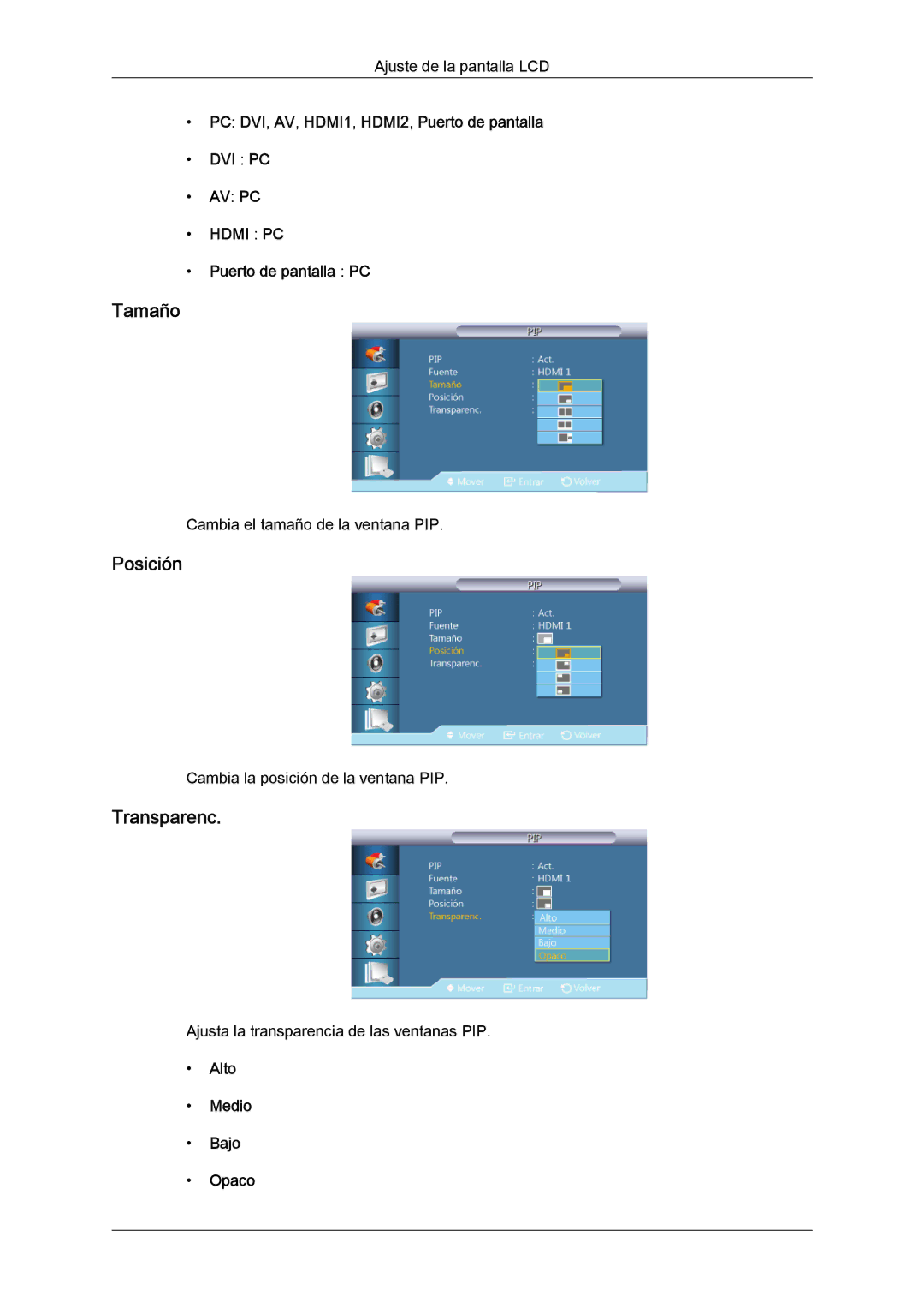 Samsung LH40CRPMBC/EN, LH46CRPMBD/EN, LH46CRPMBC/EN, LH40CRPMBD/EN manual Tamaño, Posición, Transparenc 