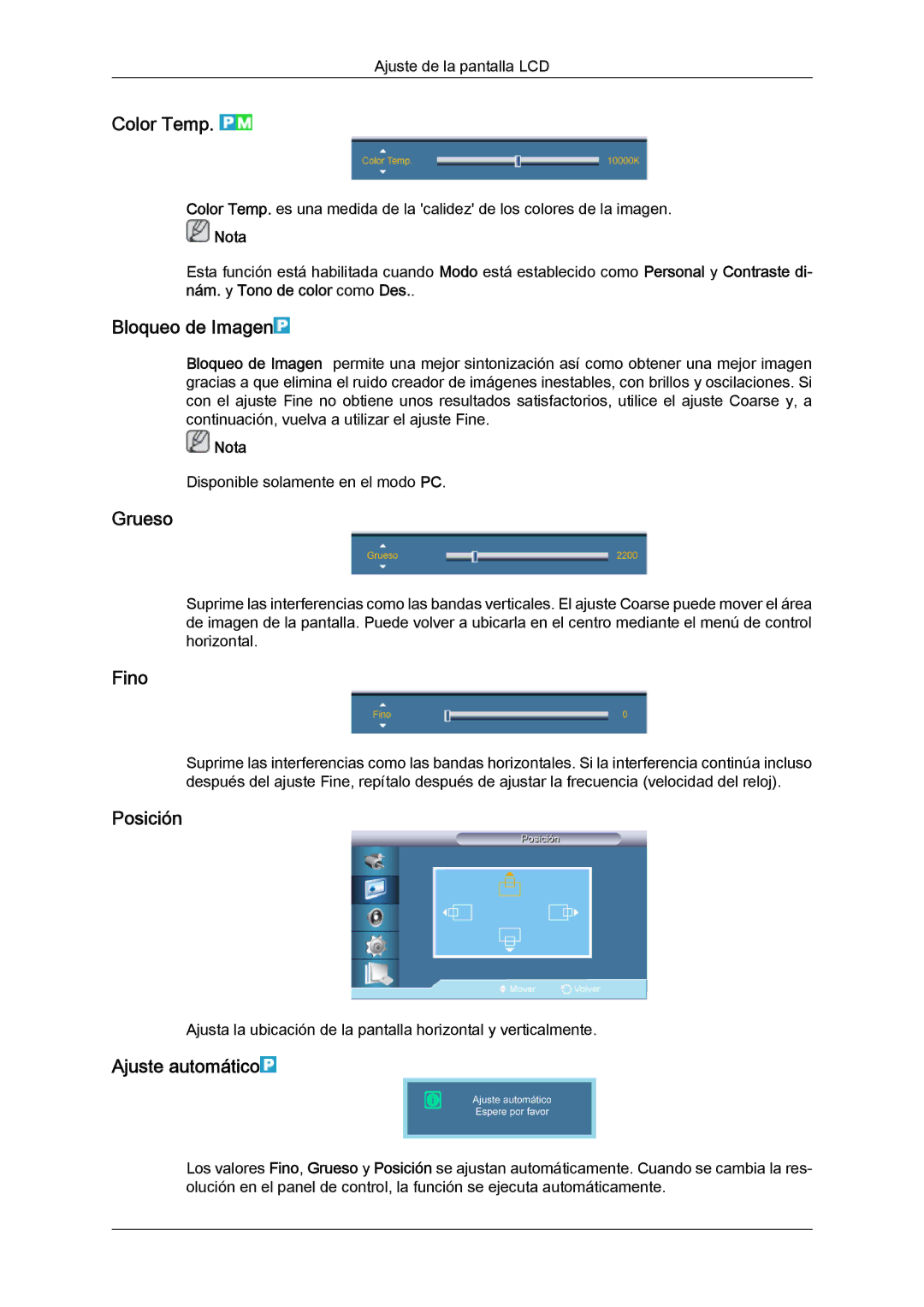 Samsung LH46CRPMBC/EN, LH46CRPMBD/EN, LH40CRPMBD/EN manual Color Temp, Bloqueo de Imagen, Grueso, Fino, Ajuste automático 