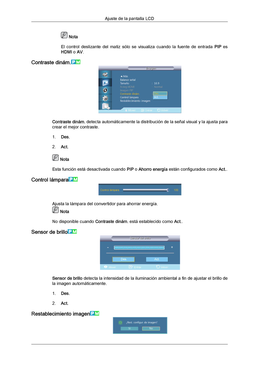 Samsung LH46CRPMBD/EN manual Contraste dinám, Control lámpara, Sensor de brillo, Restablecimiento imagen, Des Act Nota 