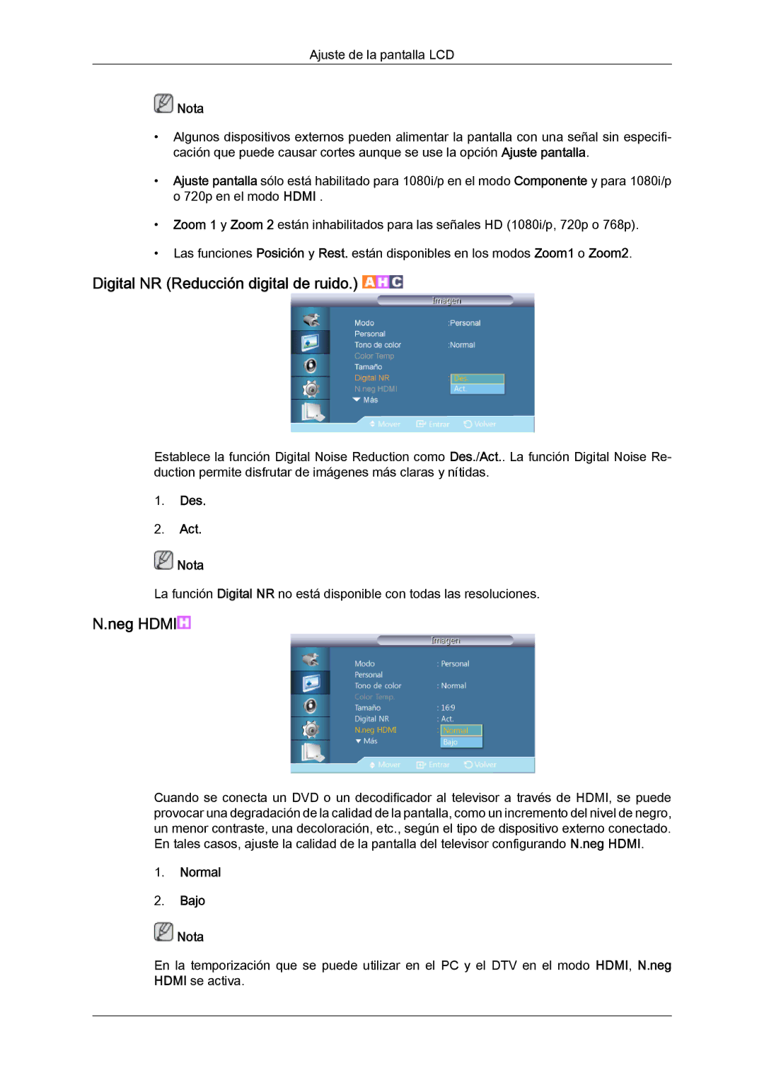 Samsung LH46CRPMBD/EN, LH46CRPMBC/EN, LH40CRPMBD/EN manual Digital NR Reducción digital de ruido, Neg Hdmi, Normal Bajo Nota 