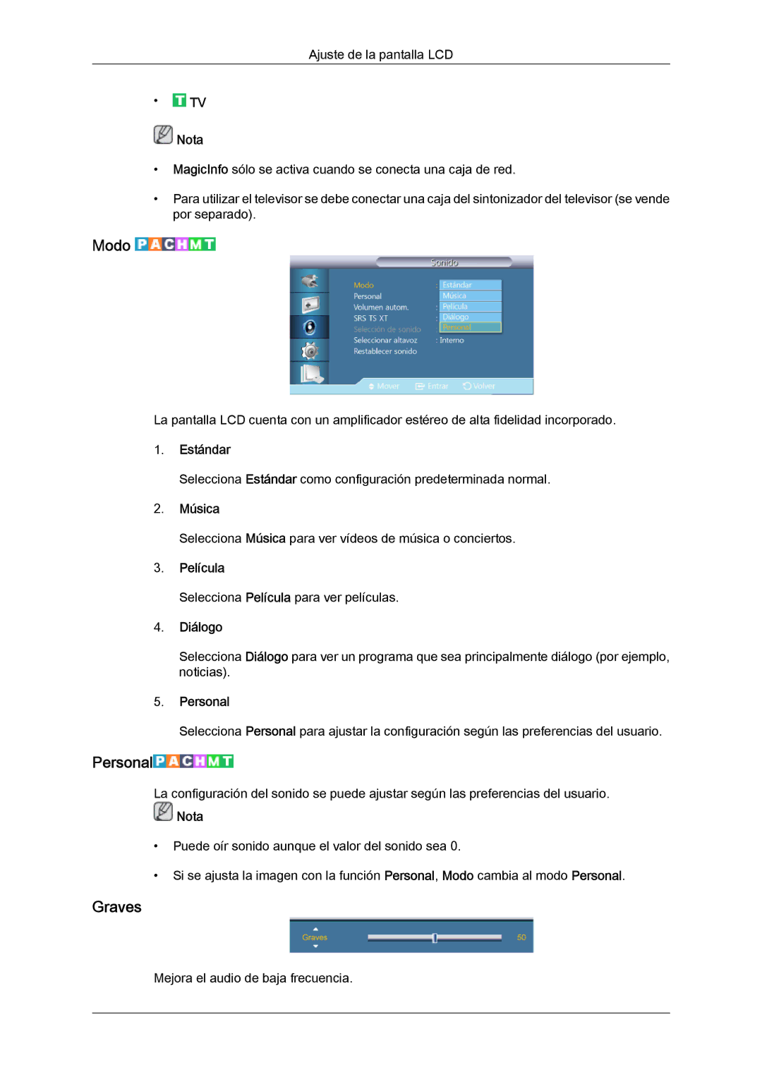 Samsung LH40CRPMBC/EN, LH46CRPMBD/EN, LH46CRPMBC/EN, LH40CRPMBD/EN manual Graves, Música, Diálogo 