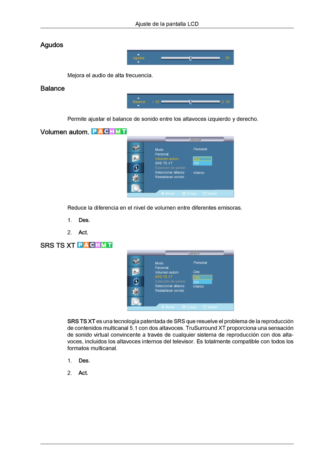 Samsung LH46CRPMBD/EN, LH46CRPMBC/EN, LH40CRPMBD/EN, LH40CRPMBC/EN manual Agudos, Balance, Volumen autom 