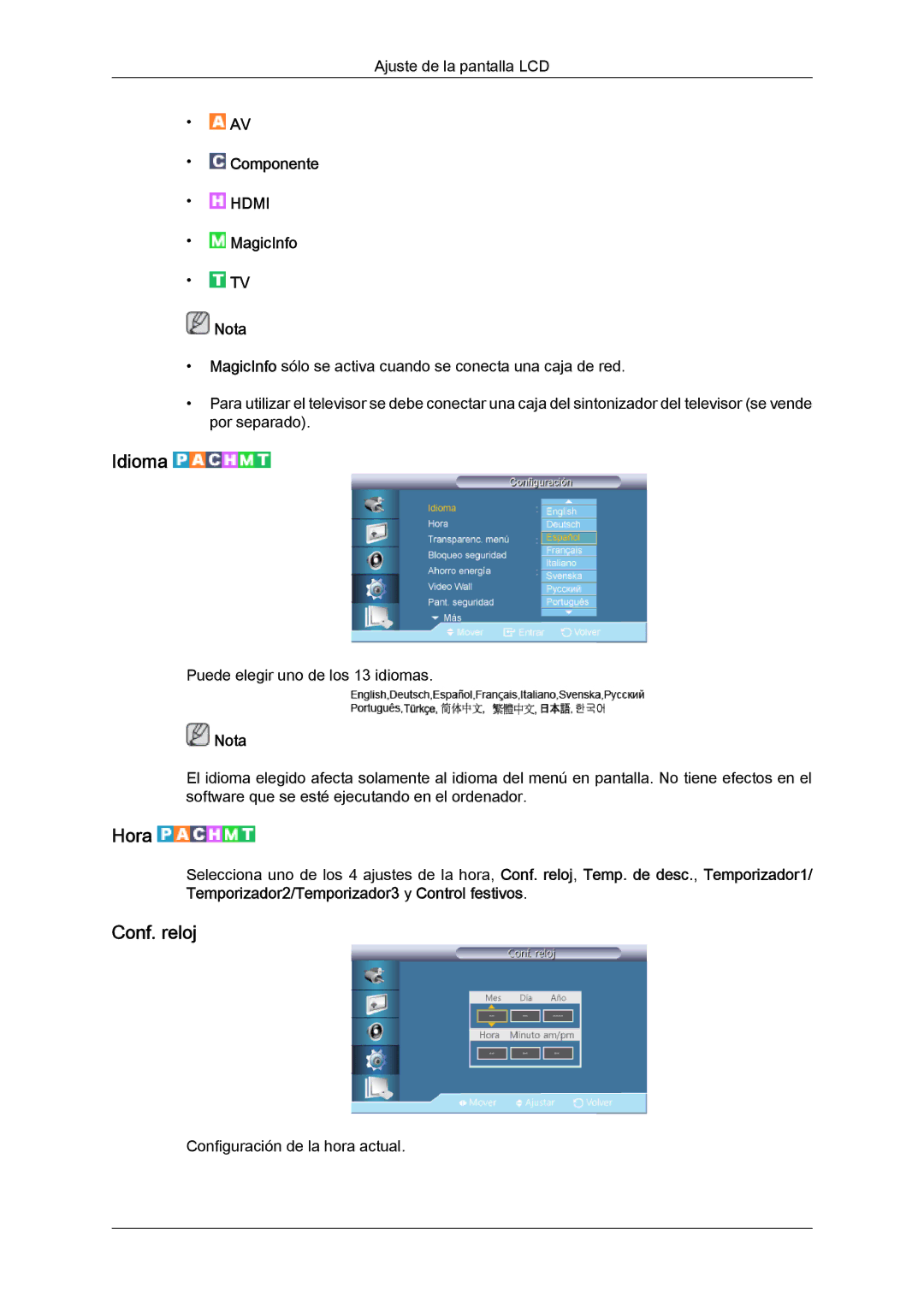 Samsung LH40CRPMBD/EN, LH46CRPMBD/EN, LH46CRPMBC/EN, LH40CRPMBC/EN manual Idioma, Hora, Conf. reloj 