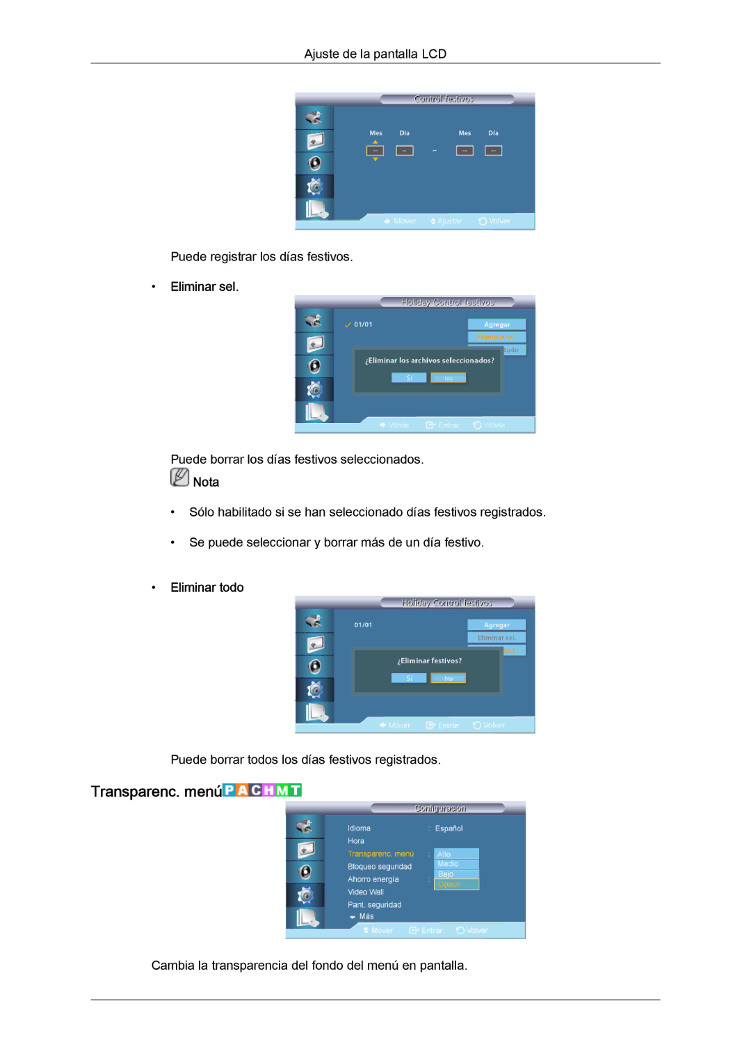 Samsung LH46CRPMBD/EN, LH46CRPMBC/EN, LH40CRPMBD/EN, LH40CRPMBC/EN manual Transparenc. menú, Eliminar sel, Eliminar todo 