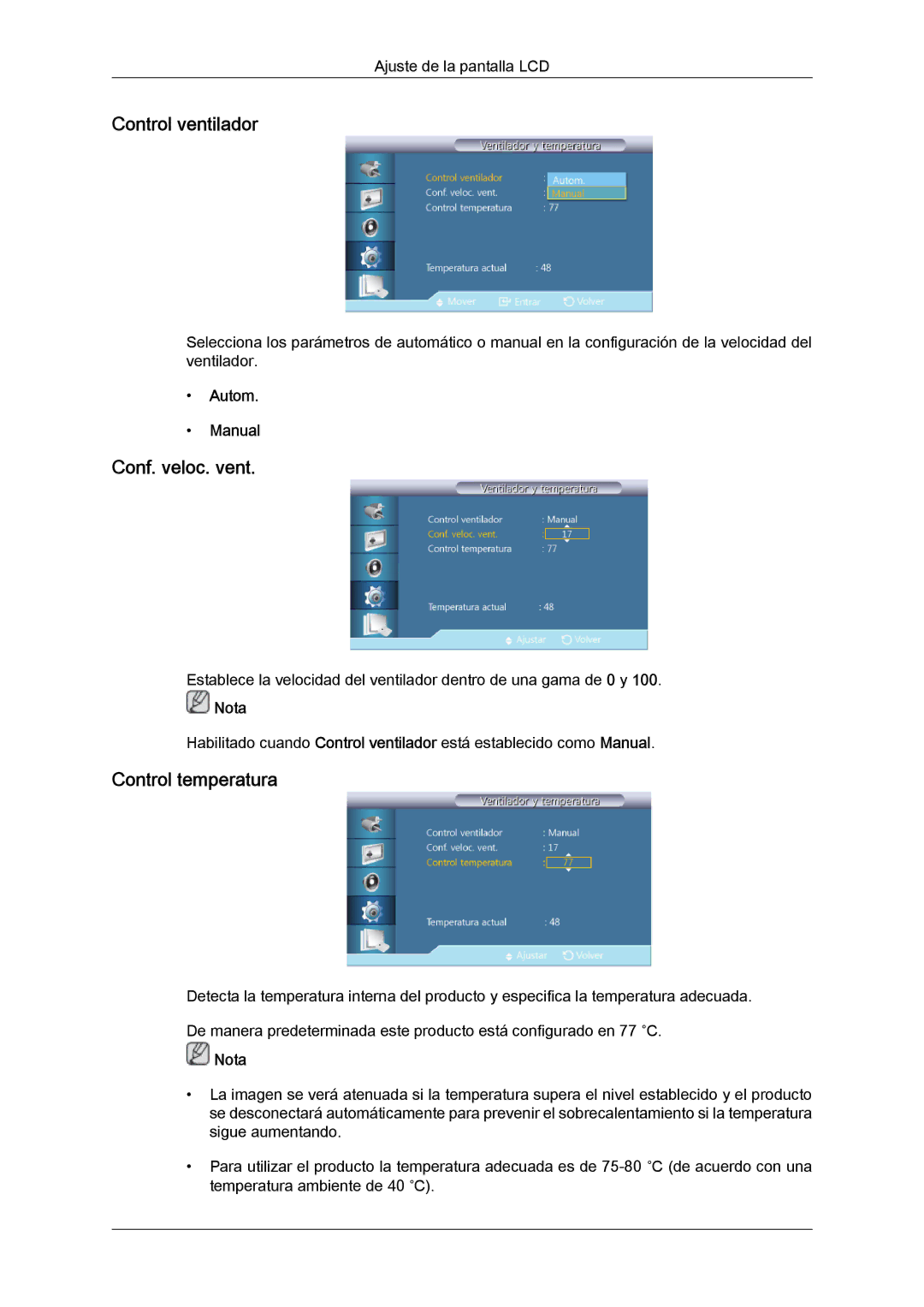 Samsung LH46CRPMBC/EN, LH46CRPMBD/EN manual Control ventilador, Conf. veloc. vent, Control temperatura, Autom Manual 