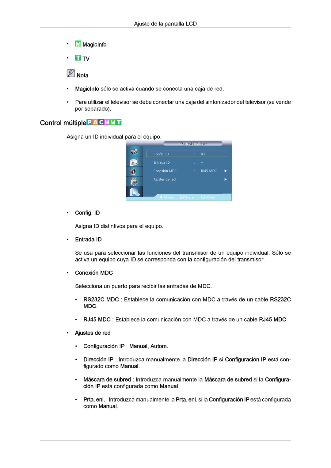 Samsung LH40CRPMBC/EN, LH46CRPMBD/EN, LH46CRPMBC/EN, LH40CRPMBD/EN Control múltiple, Config. ID, Entrada ID, Conexión MDC 