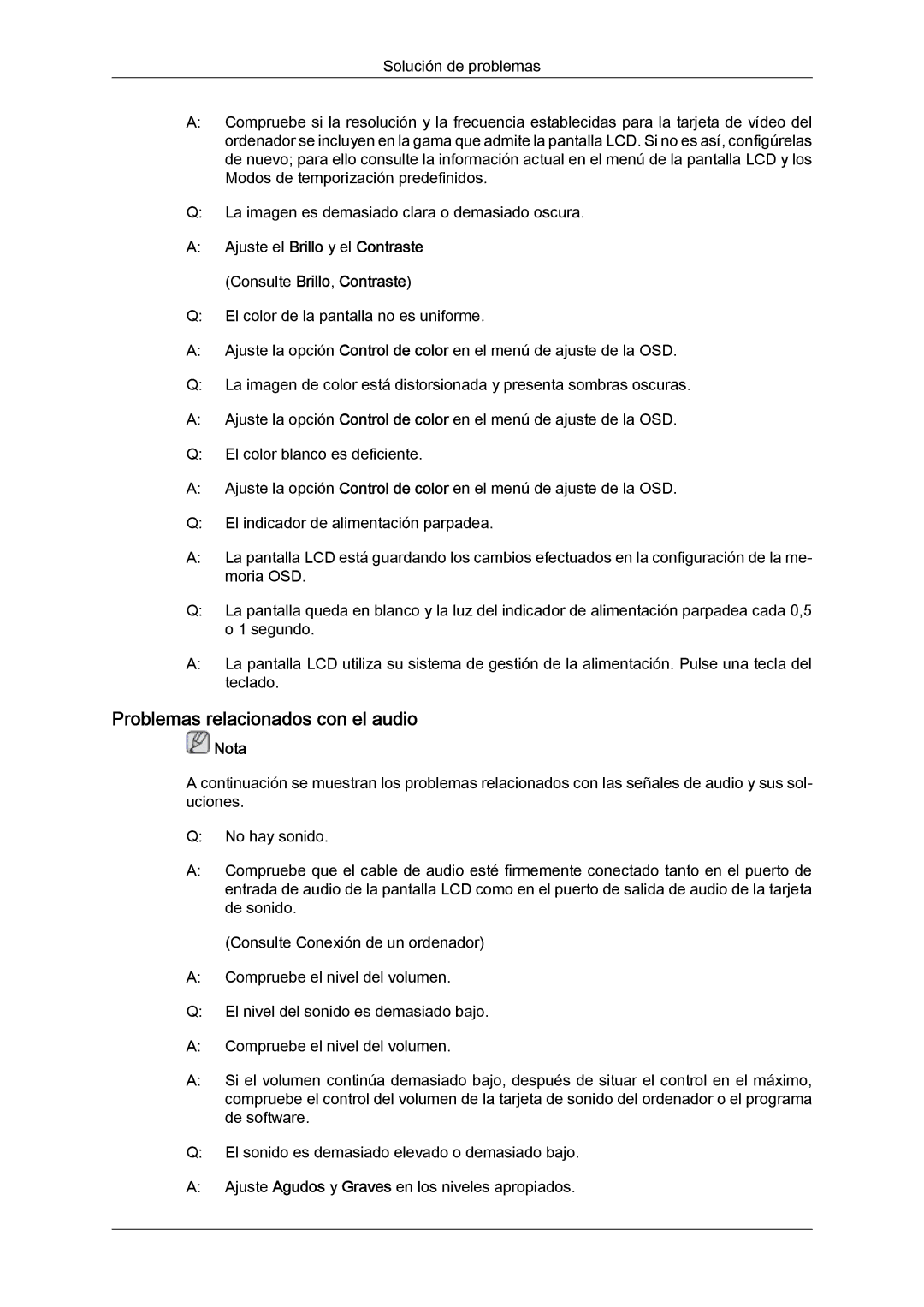 Samsung LH40CRPMBC/EN Problemas relacionados con el audio, Ajuste el Brillo y el Contraste Consulte Brillo, Contraste 