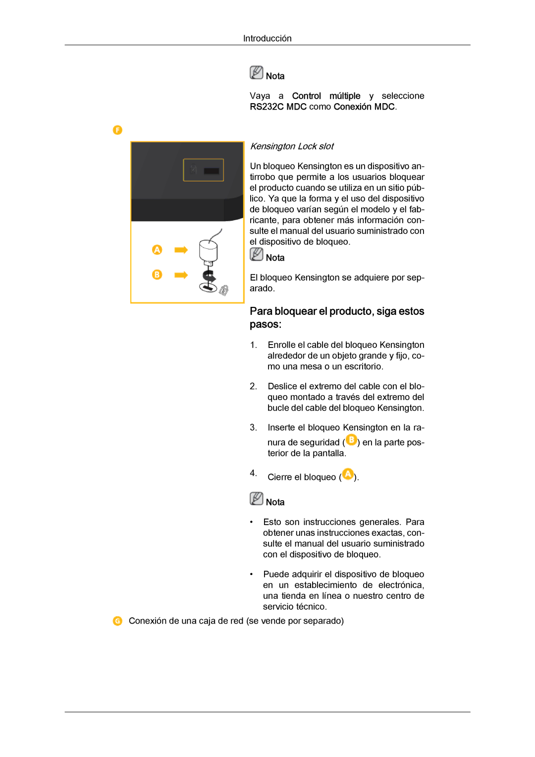 Samsung LH46CRPMBC/EN Para bloquear el producto, siga estos pasos, RS232C MDC como Conexión MDC, Kensington Lock slot 