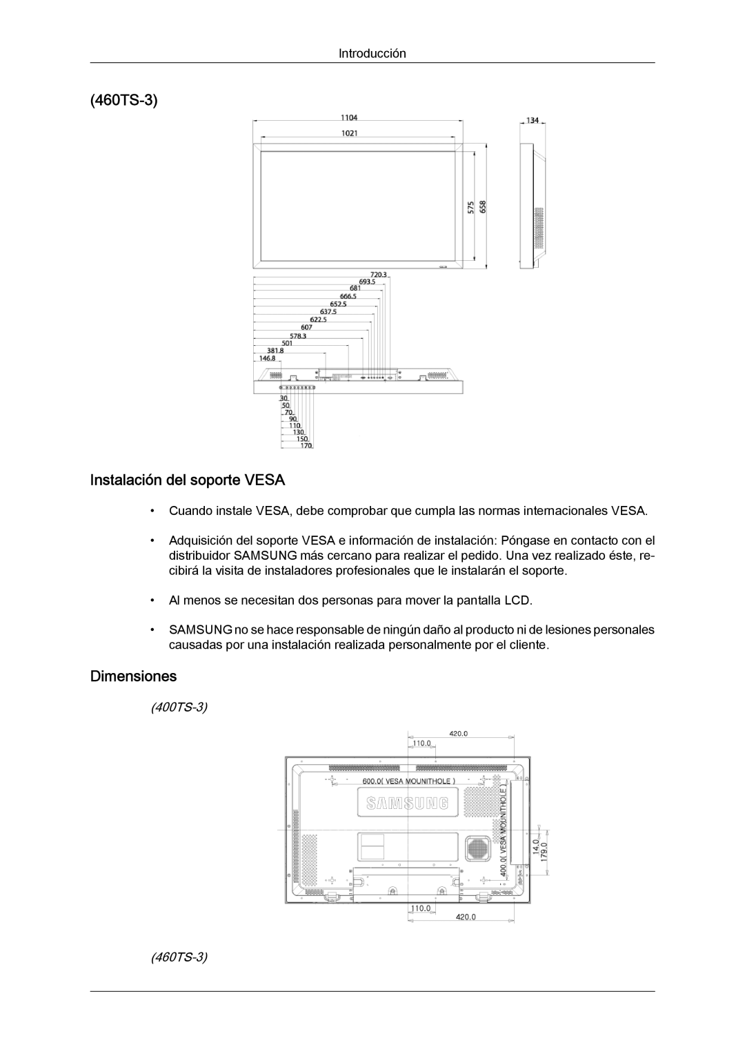 Samsung LH46CRPMBC/EN, LH46CRPMBD/EN, LH40CRPMBD/EN manual 460TS-3 Instalación del soporte Vesa, Dimensiones, 400TS-3 460TS-3 