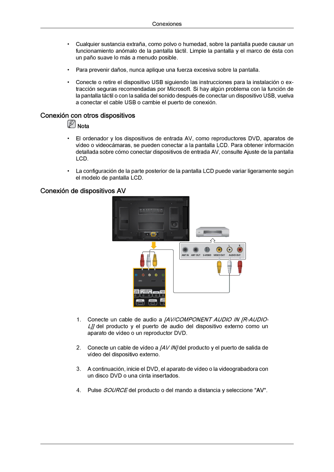 Samsung LH46CRPMBC/EN, LH46CRPMBD/EN, LH40CRPMBD/EN manual Conexión con otros dispositivos, Conexión de dispositivos AV 