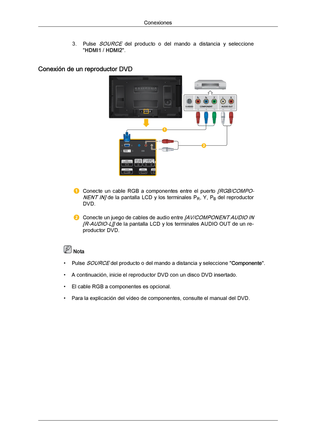 Samsung LH46CRPMBD/EN, LH46CRPMBC/EN, LH40CRPMBD/EN, LH40CRPMBC/EN manual Conexión de un reproductor DVD 