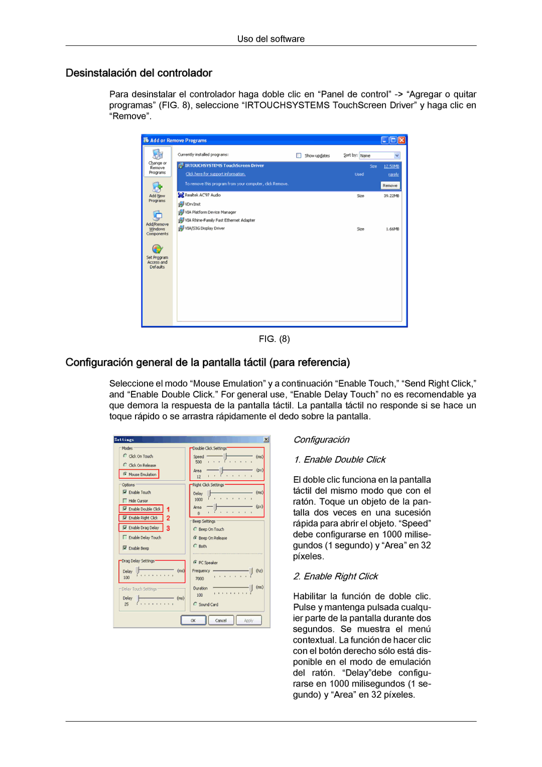 Samsung LH40CRPMBC/EN manual Desinstalación del controlador, Configuración general de la pantalla táctil para referencia 