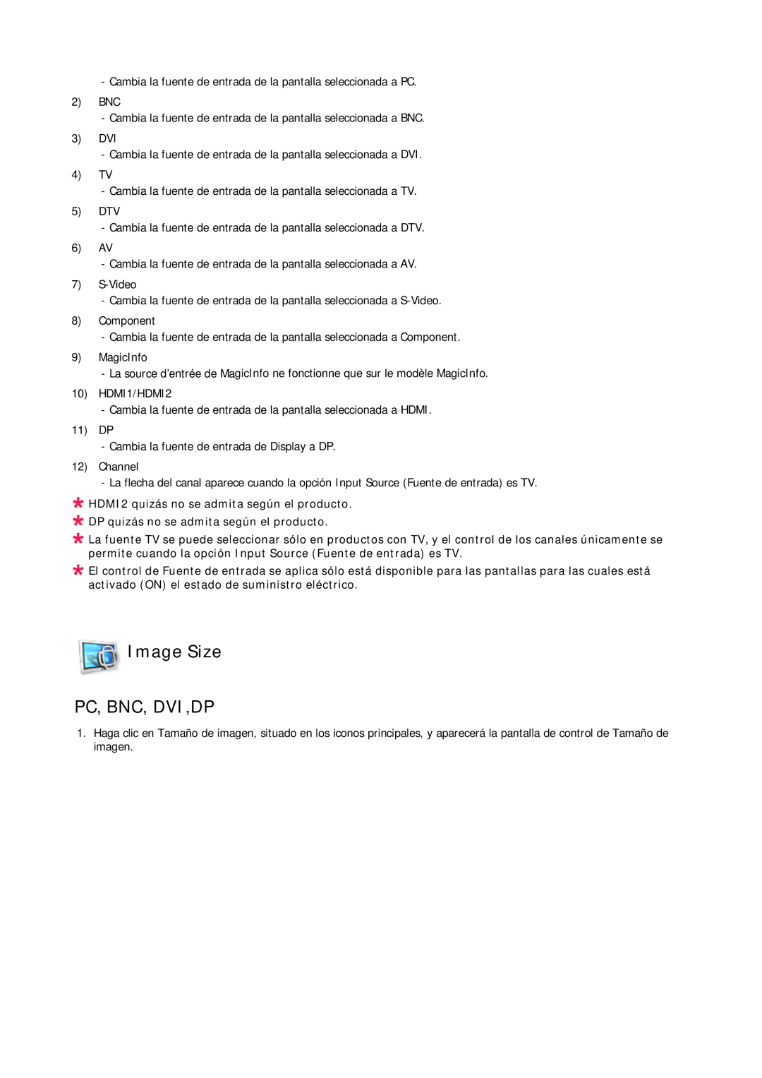 Samsung LH46CRPMBC/EN, LH46CRPMBD/EN, LH40CRPMBD/EN, LH40CRPMBC/EN manual Image Size, HDMI1/HDMI2 