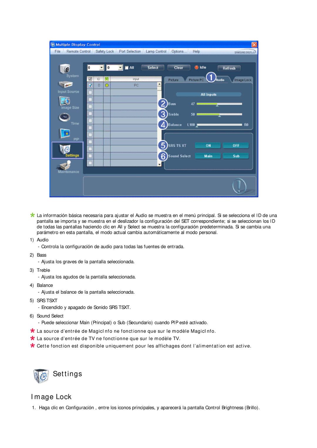 Samsung LH46CRPMBD/EN, LH46CRPMBC/EN, LH40CRPMBD/EN, LH40CRPMBC/EN manual Settings Image Lock, SRS Tsxt 