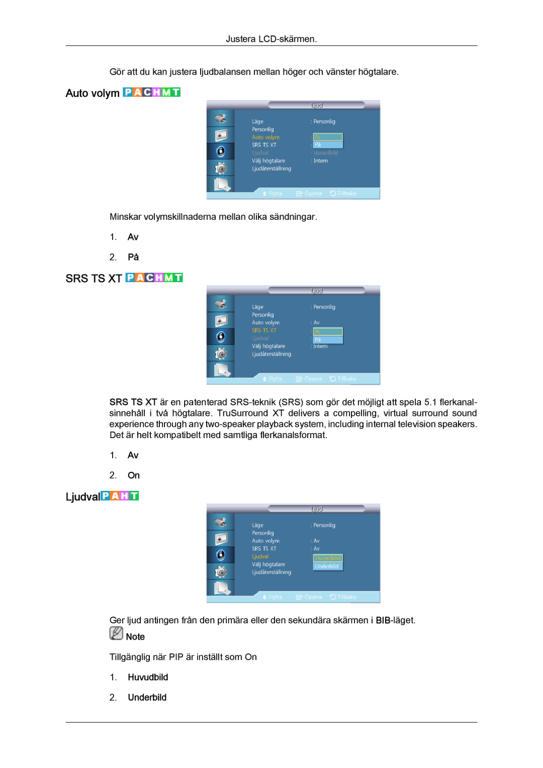 Samsung LH46CRPMBC/EN, LH46CRPMBD/EN, LH40CRPMBD/EN, LH40CRPMBC/EN manual Auto volym, Ljudval, Huvudbild Underbild 