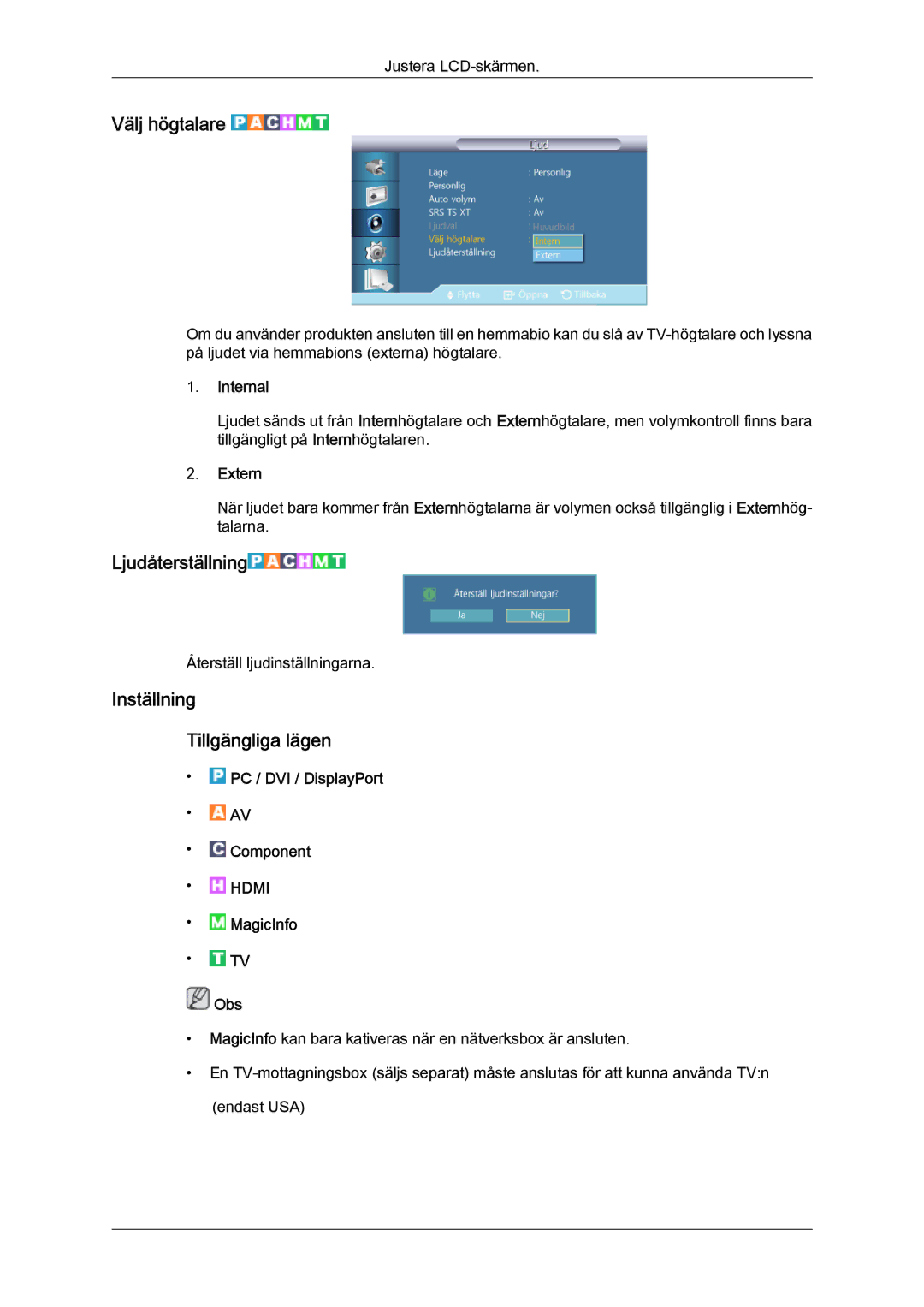 Samsung LH40CRPMBD/EN, LH46CRPMBD/EN Välj högtalare, Ljudåterställning, Inställning Tillgängliga lägen, Internal, Extern 