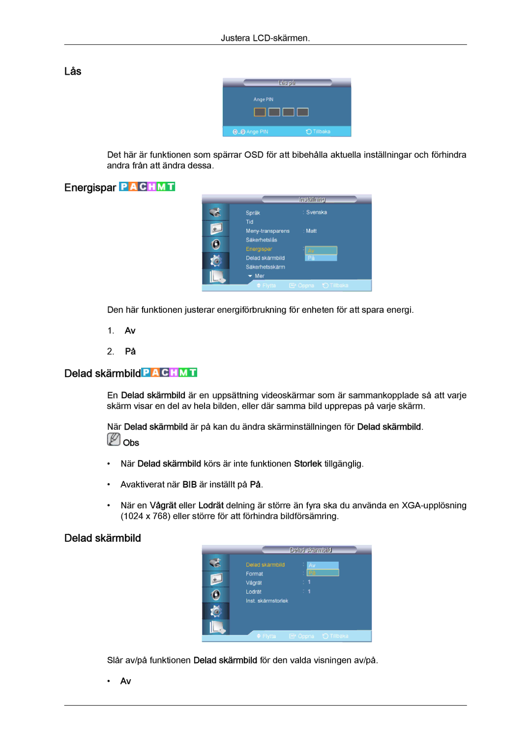 Samsung LH40CRPMBD/EN, LH46CRPMBD/EN, LH46CRPMBC/EN, LH40CRPMBC/EN manual Lås, Energispar, Delad skärmbild 