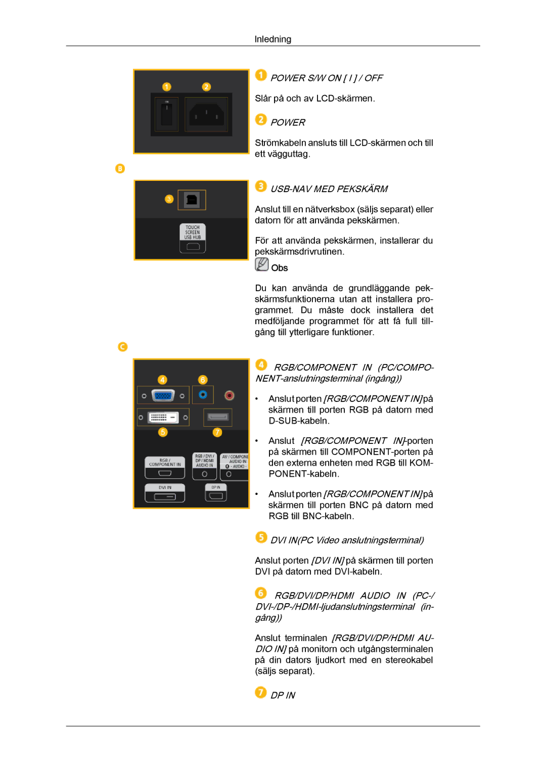 Samsung LH40CRPMBD/EN, LH46CRPMBD/EN, LH46CRPMBC/EN, LH40CRPMBC/EN manual Power S/W on I / OFF, USB-NAV MED Pekskärm 