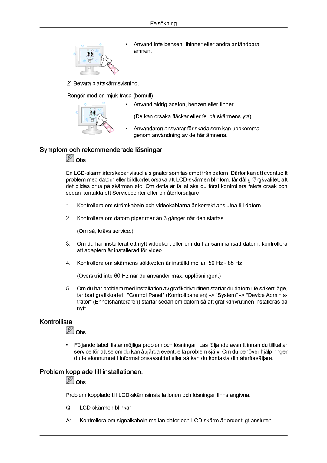 Samsung LH40CRPMBD/EN manual Symptom och rekommenderade lösningar, Kontrollista, Problem kopplade till installationen 