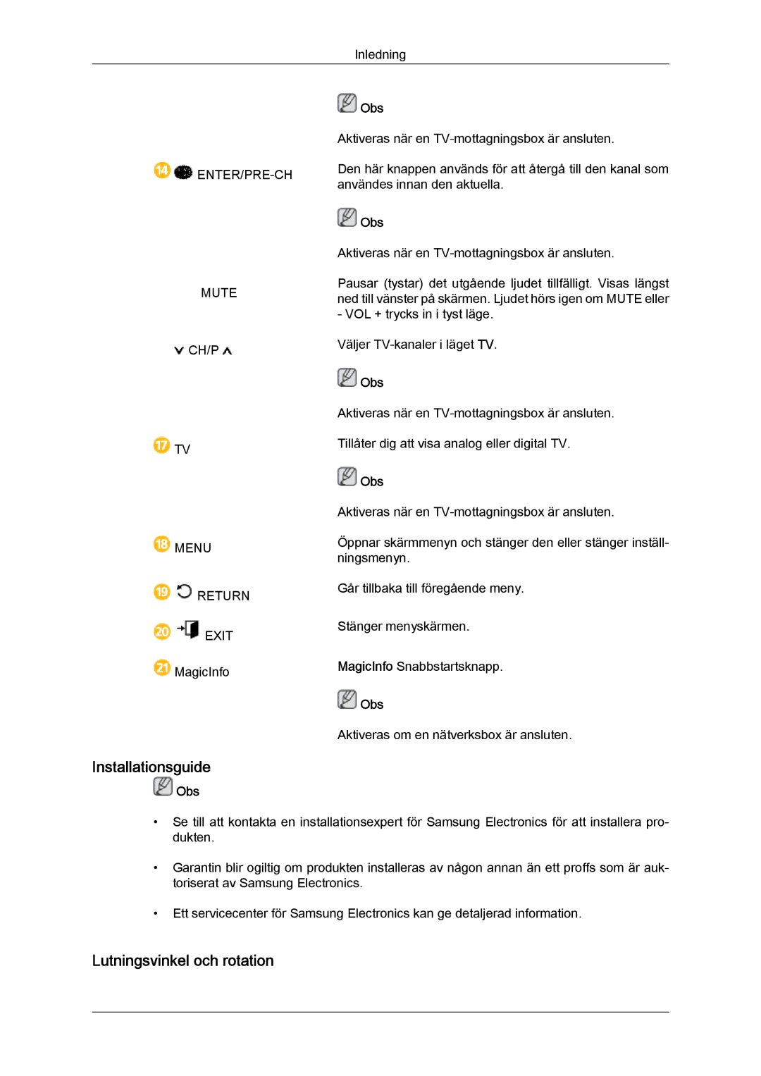 Samsung LH46CRPMBC/EN, LH46CRPMBD/EN, LH40CRPMBD/EN, LH40CRPMBC/EN manual Installationsguide, Lutningsvinkel och rotation 