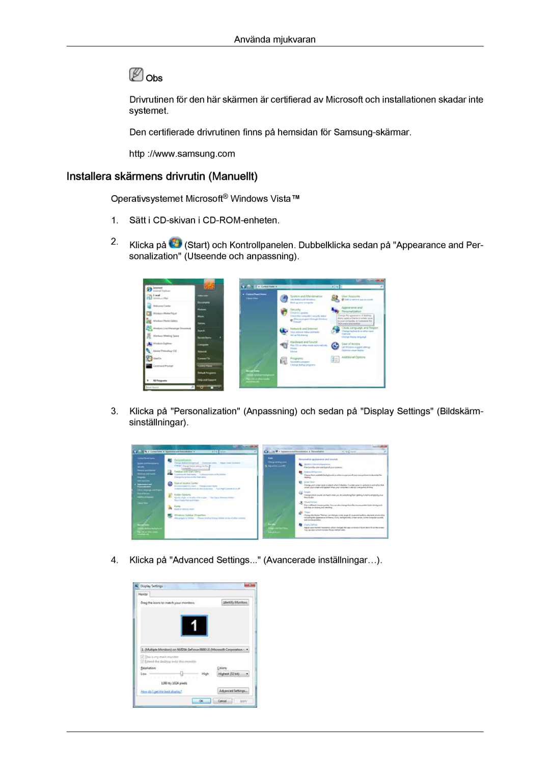 Samsung LH46CRPMBC/EN, LH46CRPMBD/EN, LH40CRPMBD/EN, LH40CRPMBC/EN manual Installera skärmens drivrutin Manuellt 