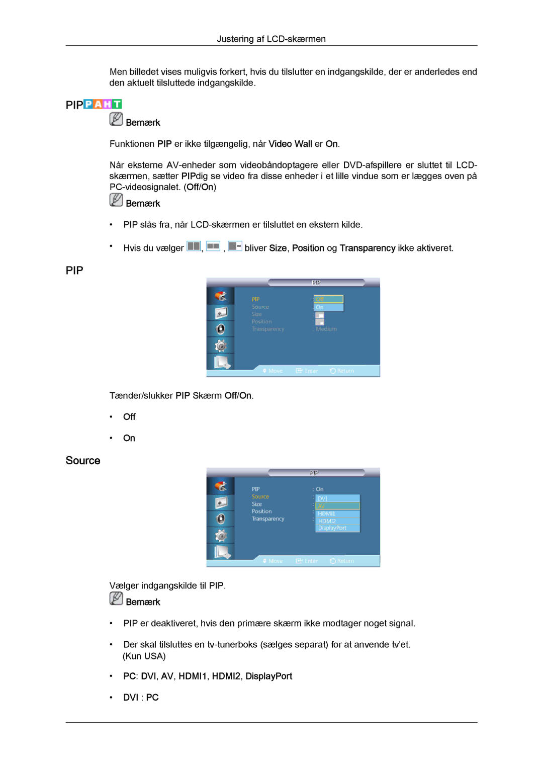 Samsung LH46CRPMBD/EN, LH46CRPMBC/EN, LH40CRPMBD/EN, LH40CRPMBC/EN Source, Off, PC DVI, AV, HDMI1, HDMI2, DisplayPort DVI PC 