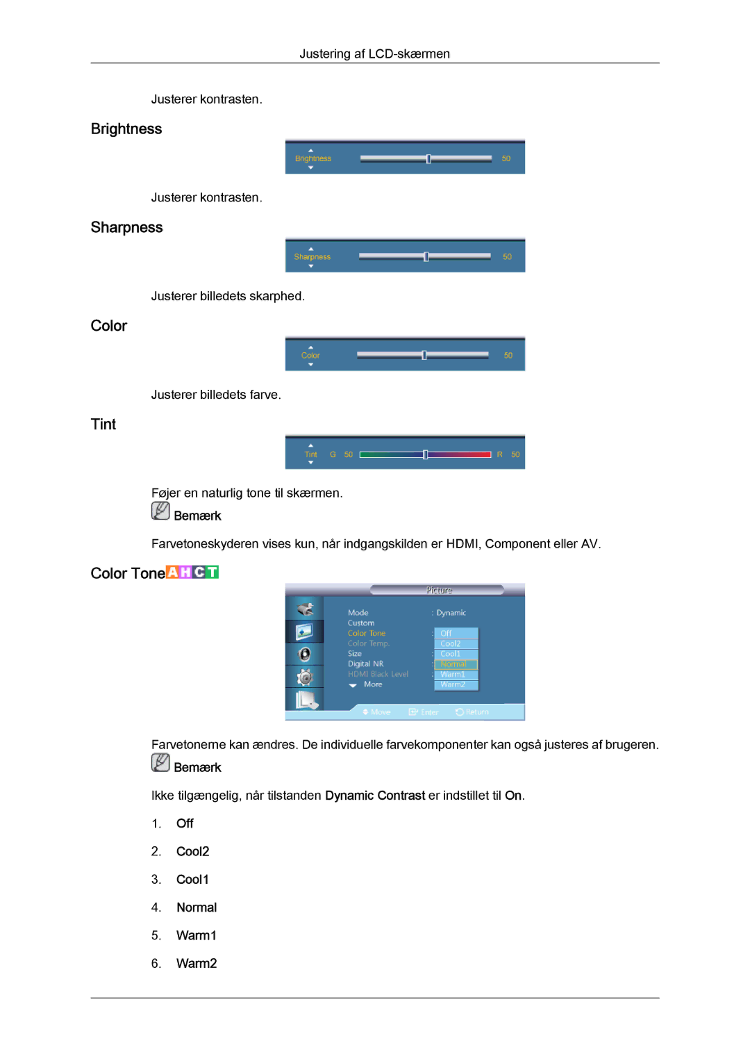 Samsung LH46CRPMBD/EN, LH46CRPMBC/EN, LH40CRPMBD/EN Brightness, Sharpness, Color, Tint, Off Cool2 Cool1 Normal Warm1 Warm2 