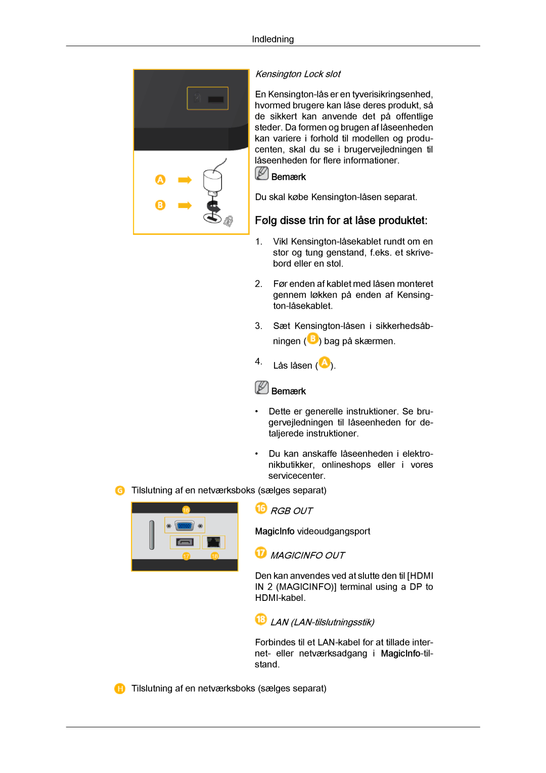 Samsung LH46CRPMBC/EN, LH46CRPMBD/EN, LH40CRPMBD/EN manual Følg disse trin for at låse produktet, Kensington Lock slot 