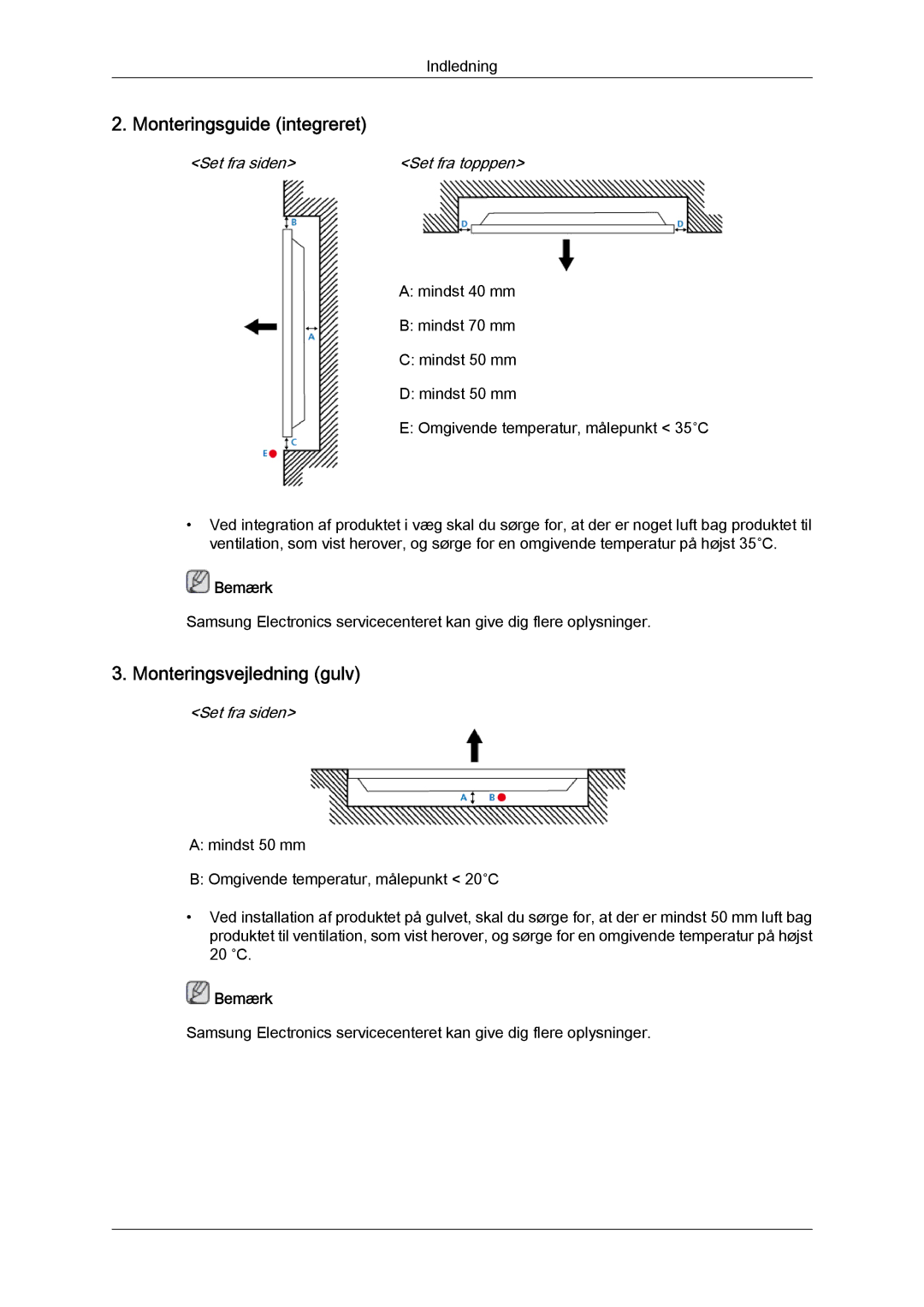 Samsung LH40CRPMBC/EN, LH46CRPMBD/EN, LH46CRPMBC/EN, LH40CRPMBD/EN Monteringsguide integreret, Monteringsvejledning gulv 