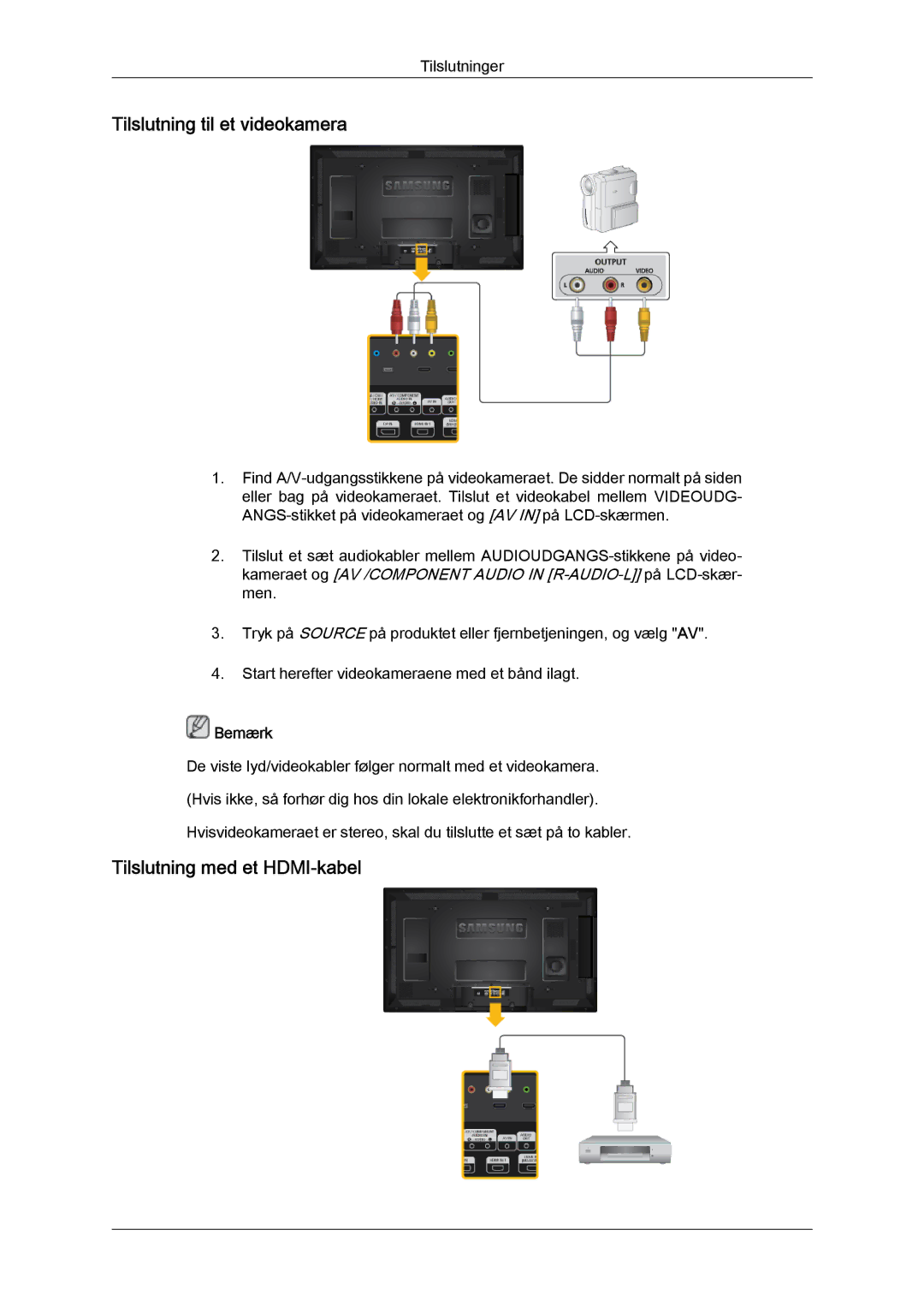 Samsung LH46CRPMBC/EN, LH46CRPMBD/EN, LH40CRPMBD/EN manual Tilslutning til et videokamera, Tilslutning med et HDMI-kabel 