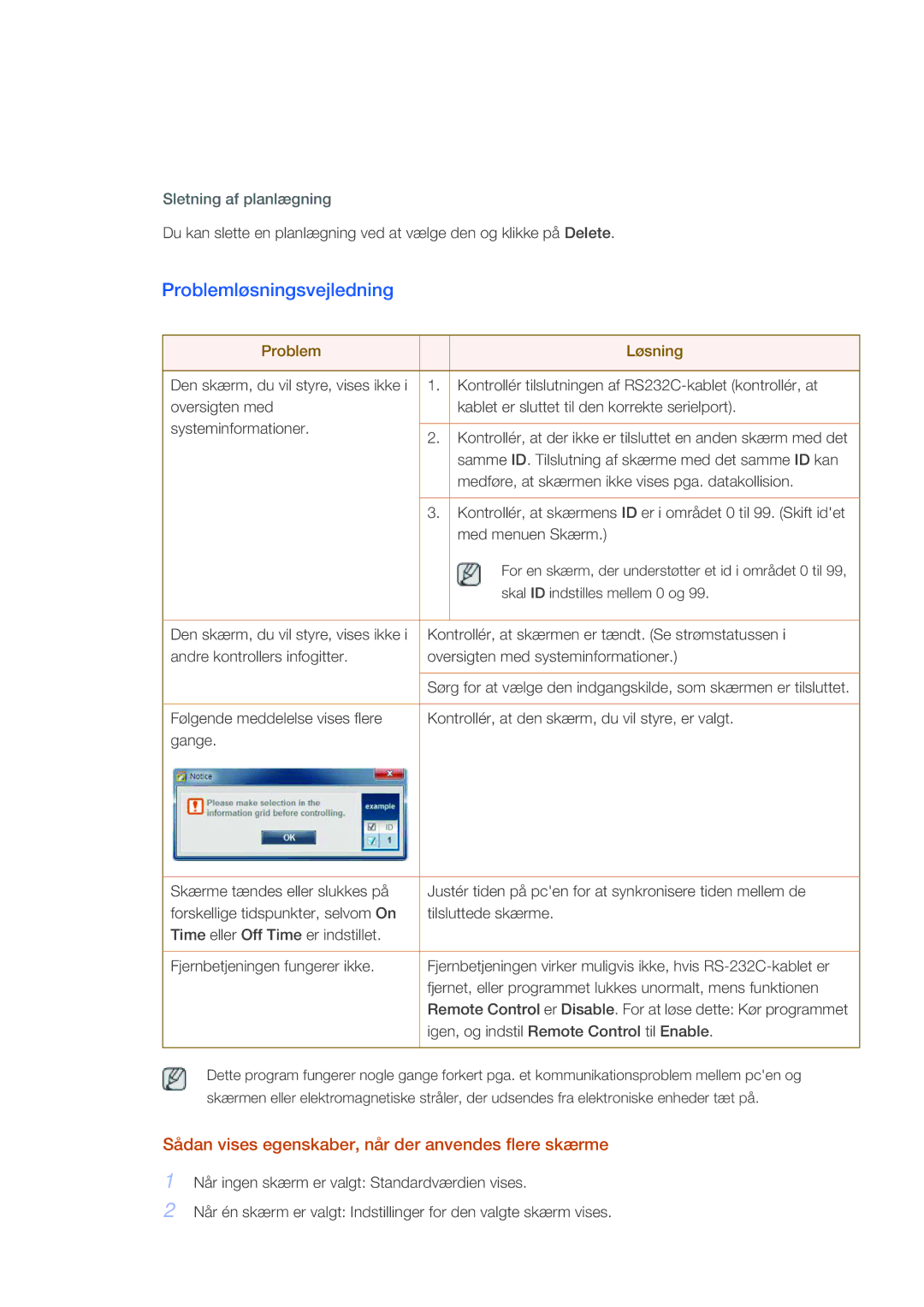 Samsung LH46CRPMBC/EN, LH46CRPMBD/EN manual Problemløsningsvejledning, Sådan vises egenskaber, når der anvendes flere skærme 