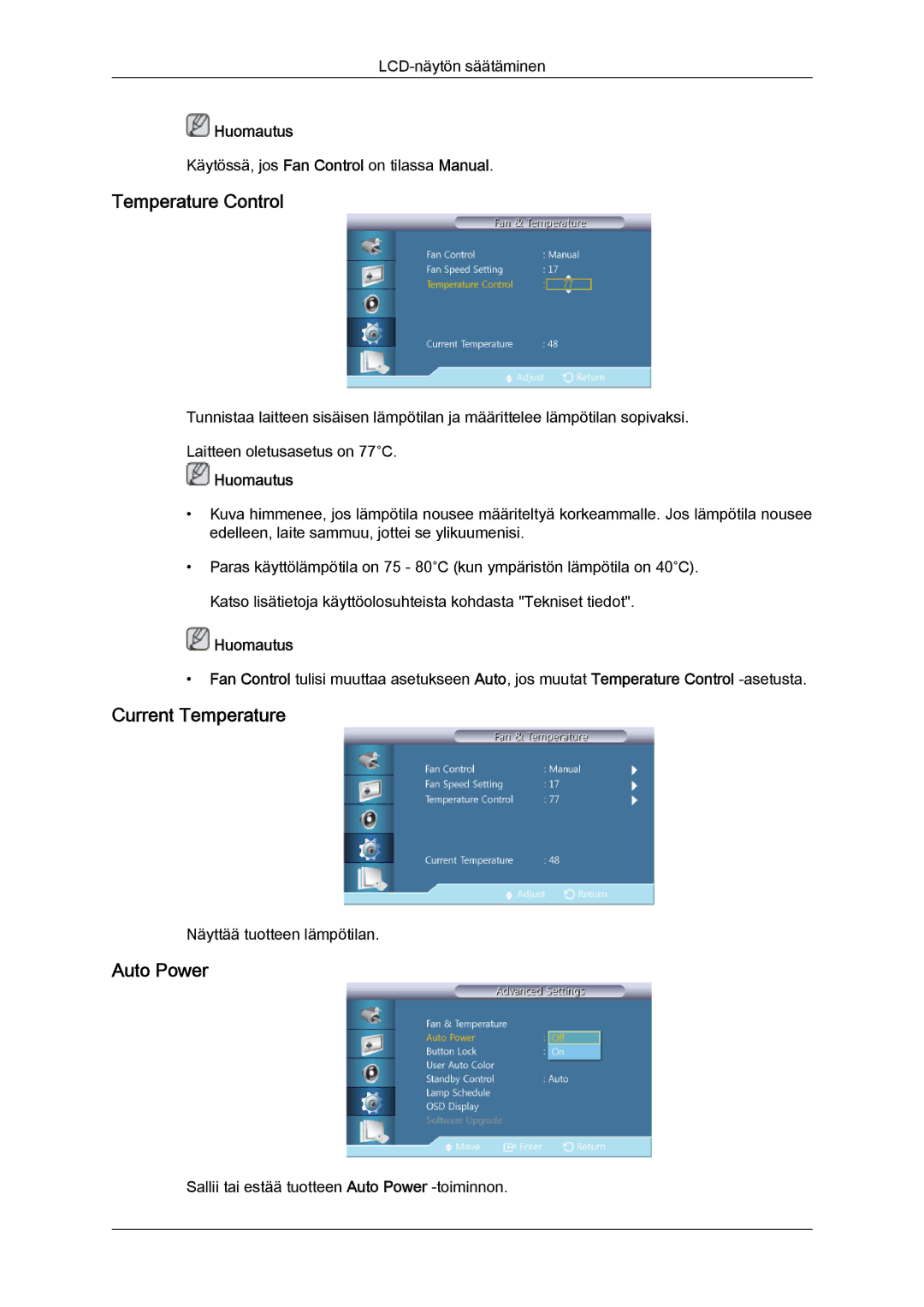 Samsung LH40CRPMBC/EN, LH46CRPMBD/EN, LH46CRPMBC/EN, LH40CRPMBD/EN manual Temperature Control, Current Temperature, Auto Power 