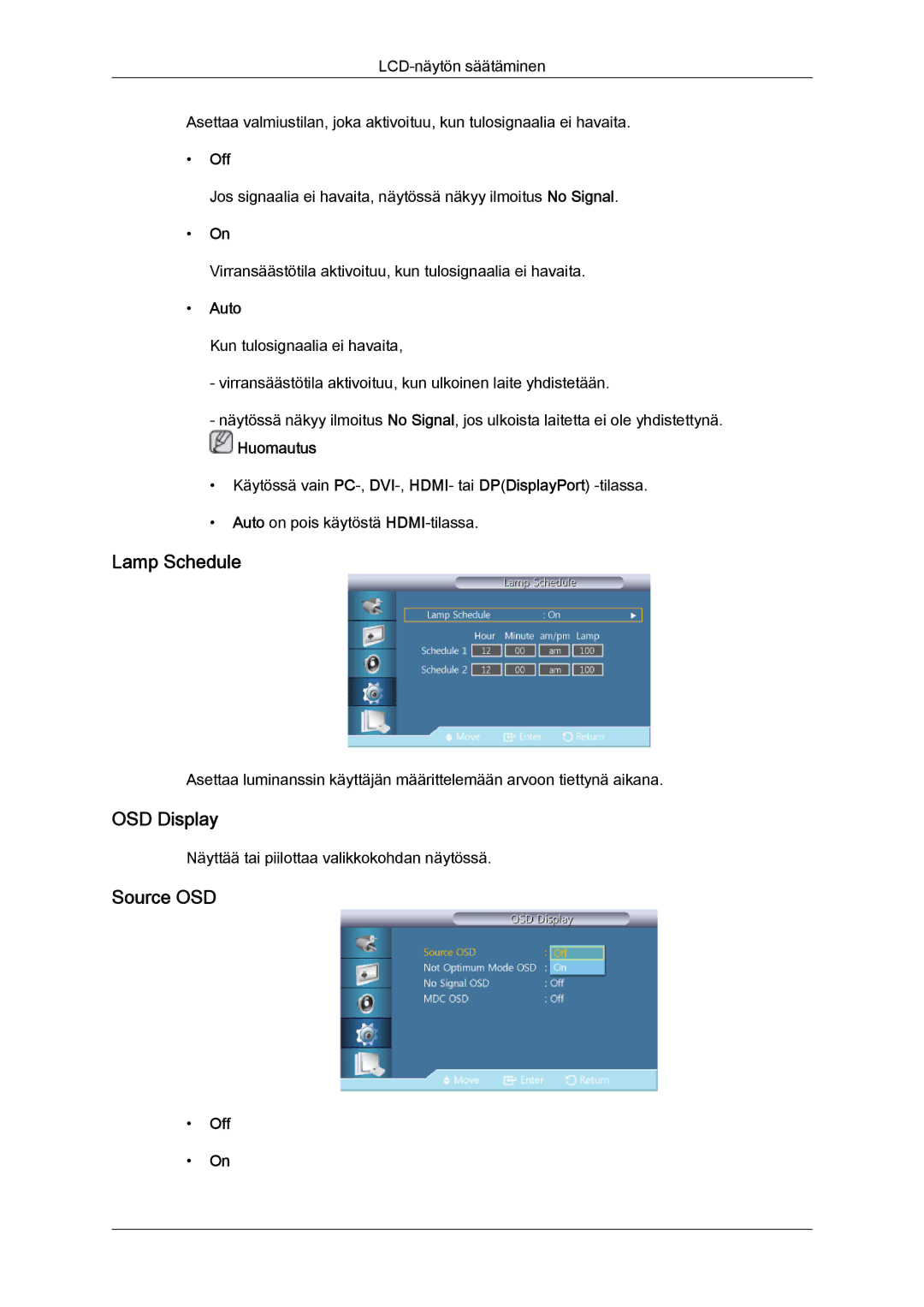 Samsung LH46CRPMBC/EN, LH46CRPMBD/EN, LH40CRPMBD/EN, LH40CRPMBC/EN manual Lamp Schedule, OSD Display, Source OSD, Auto 