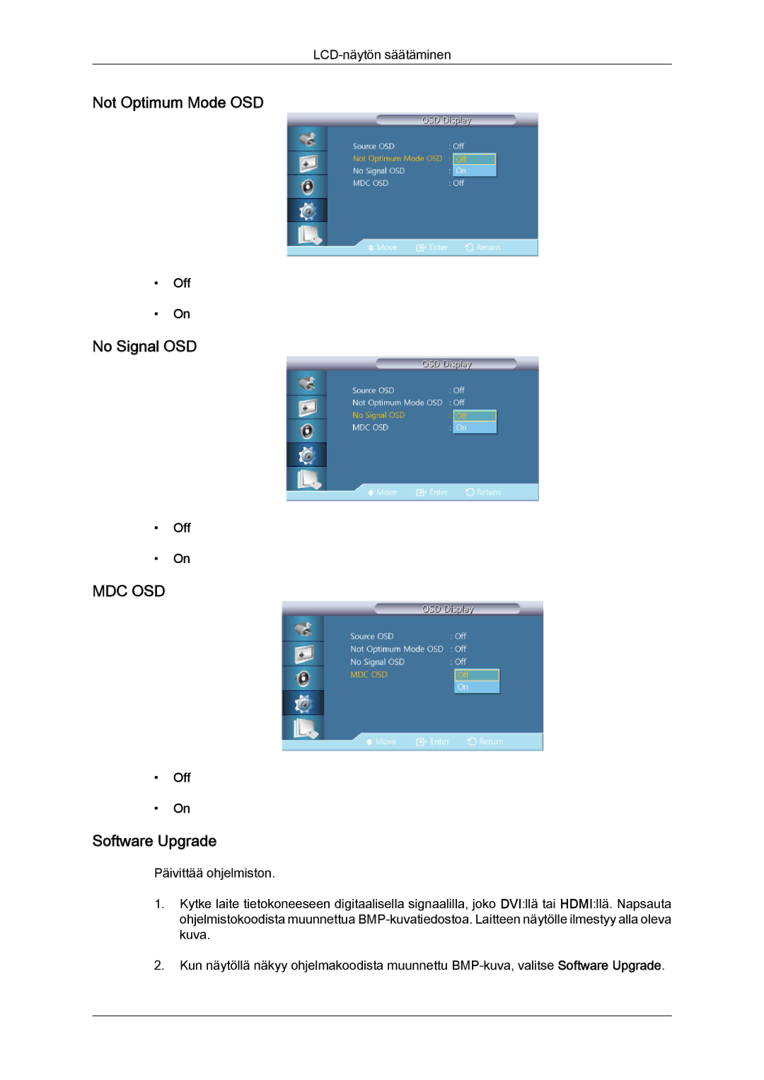 Samsung LH40CRPMBD/EN, LH46CRPMBD/EN, LH46CRPMBC/EN, LH40CRPMBC/EN Not Optimum Mode OSD, No Signal OSD, Software Upgrade 