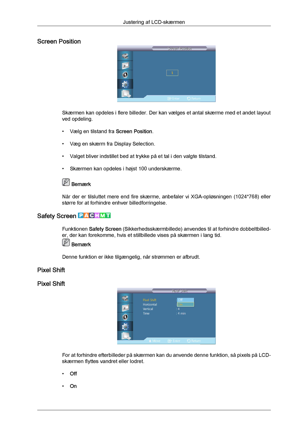 Samsung LH46CRPMBC/EN, LH46CRPMBD/EN, LH40CRPMBD/EN, LH40CRPMBC/EN manual Screen Position, Safety Screen, Pixel Shift 