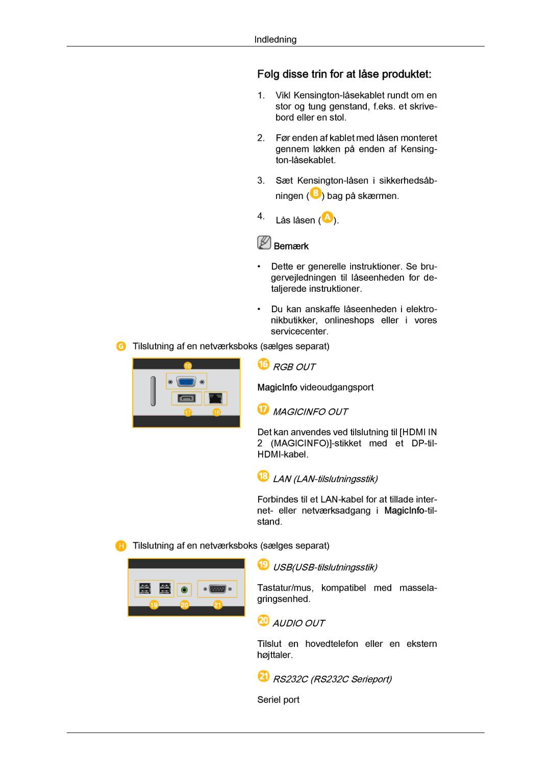 Samsung LH46CRPMBC/EN, LH46CRPMBD/EN, LH40CRPMBD/EN, LH40CRPMBC/EN manual Følg disse trin for at låse produktet, Magicinfo OUT 