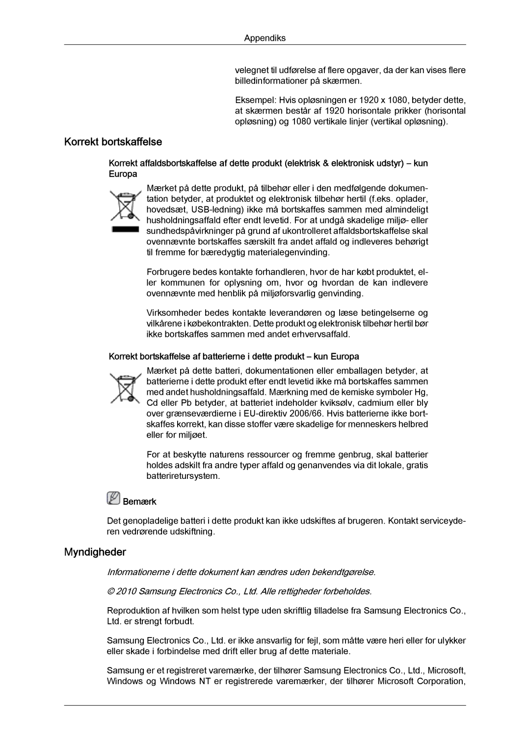 Samsung LH40CRPMBD/EN, LH46CRPMBD/EN, LH46CRPMBC/EN, LH40CRPMBC/EN manual Korrekt bortskaffelse, Myndigheder 