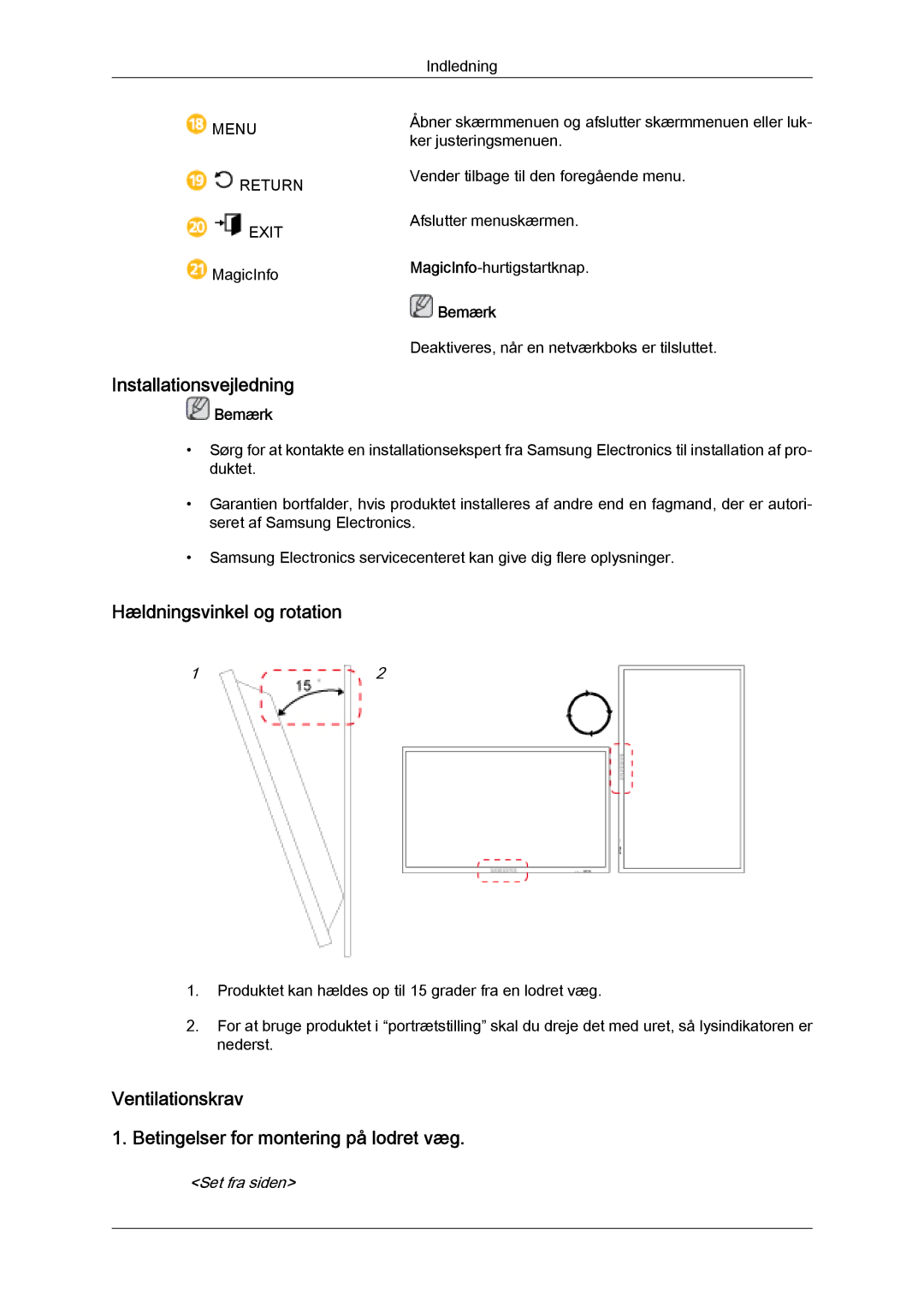 Samsung LH46CRPMBC/EN, LH46CRPMBD/EN, LH40CRPMBD/EN, LH40CRPMBC/EN manual Installationsvejledning, Hældningsvinkel og rotation 