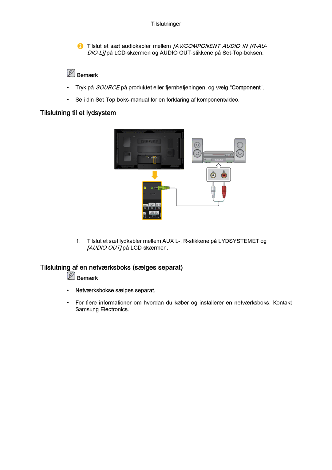 Samsung LH46CRPMBD/EN, LH46CRPMBC/EN manual Tilslutning til et lydsystem, Tilslutning af en netværksboks sælges separat 