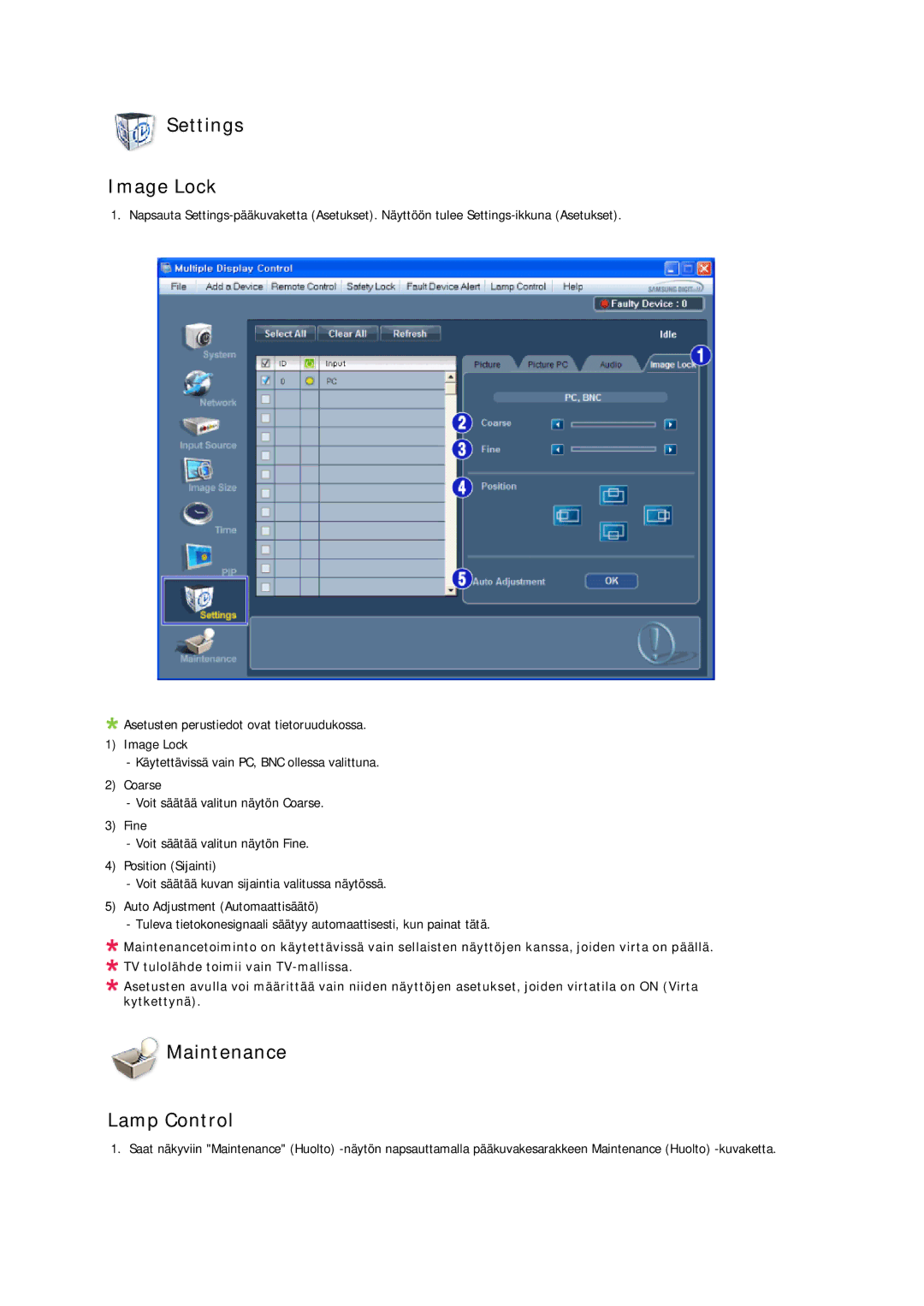 Samsung LH46CRPMBD/EN, LH46CRPMBC/EN, LH40CRPMBD/EN, LH40CRPMBC/EN manual Settings Image Lock, Maintenance Lamp Control 