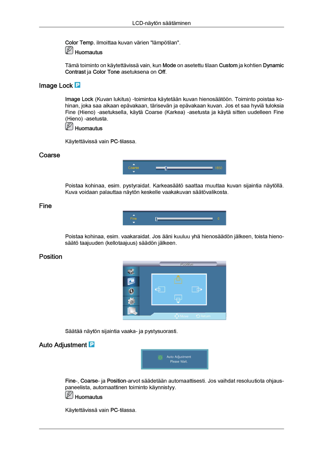 Samsung LH40CRPMBD/EN, LH46CRPMBD/EN, LH46CRPMBC/EN, LH40CRPMBC/EN manual Image Lock, Coarse, Fine, Auto Adjustment 