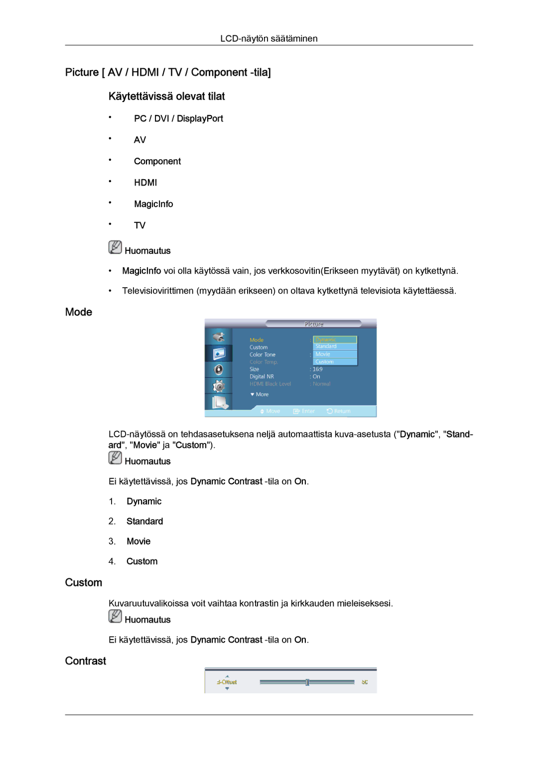 Samsung LH40CRPMBD/EN, LH46CRPMBD/EN, LH46CRPMBC/EN, LH40CRPMBC/EN manual Contrast, Dynamic Standard Movie Custom 