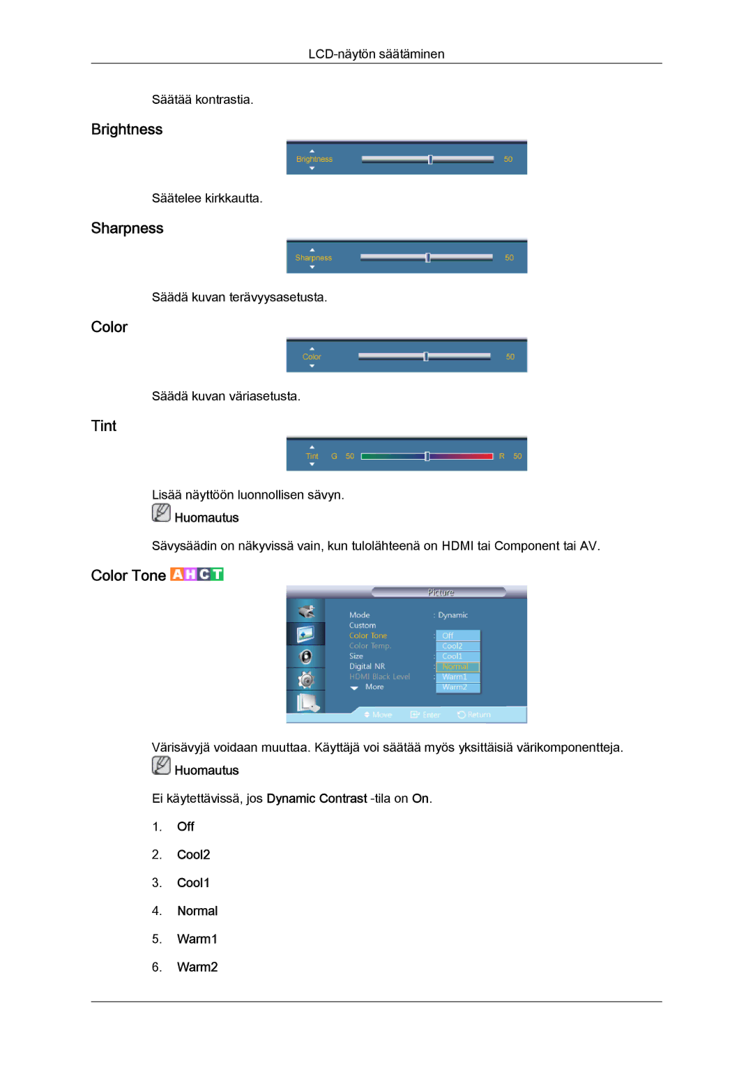 Samsung LH40CRPMBC/EN, LH46CRPMBD/EN, LH46CRPMBC/EN Brightness, Sharpness, Color, Tint, Off Cool2 Cool1 Normal Warm1 Warm2 