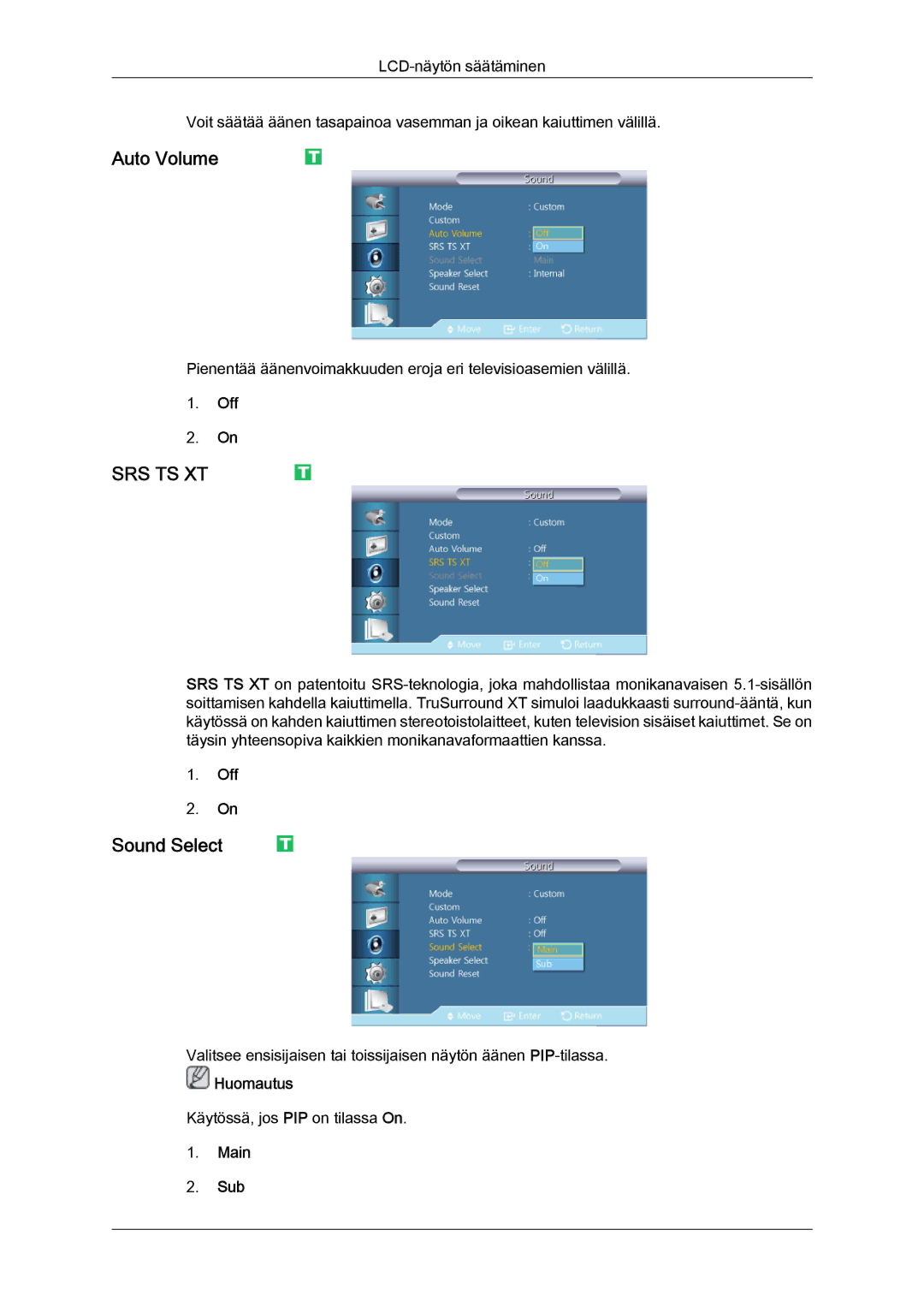 Samsung LH46CRPMBC/EN, LH46CRPMBD/EN, LH40CRPMBD/EN, LH40CRPMBC/EN manual Auto Volume, Sound Select, Main Sub 