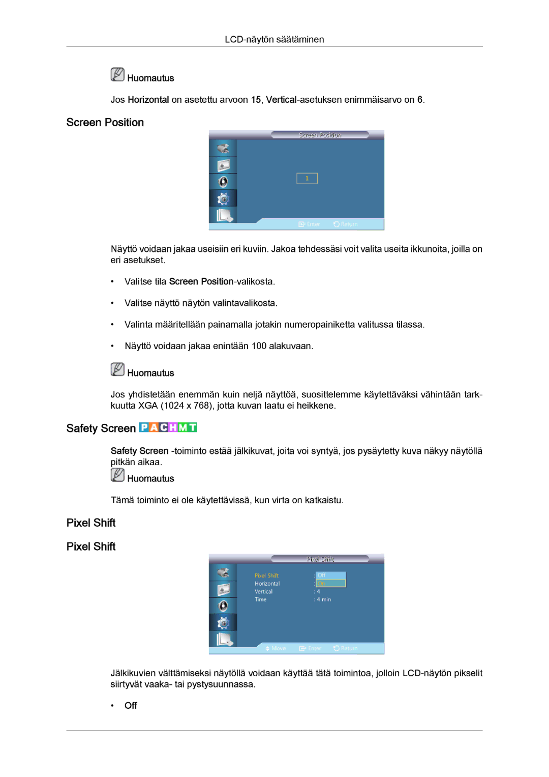 Samsung LH46CRPMBD/EN, LH46CRPMBC/EN, LH40CRPMBD/EN, LH40CRPMBC/EN manual Screen Position, Safety Screen, Pixel Shift 
