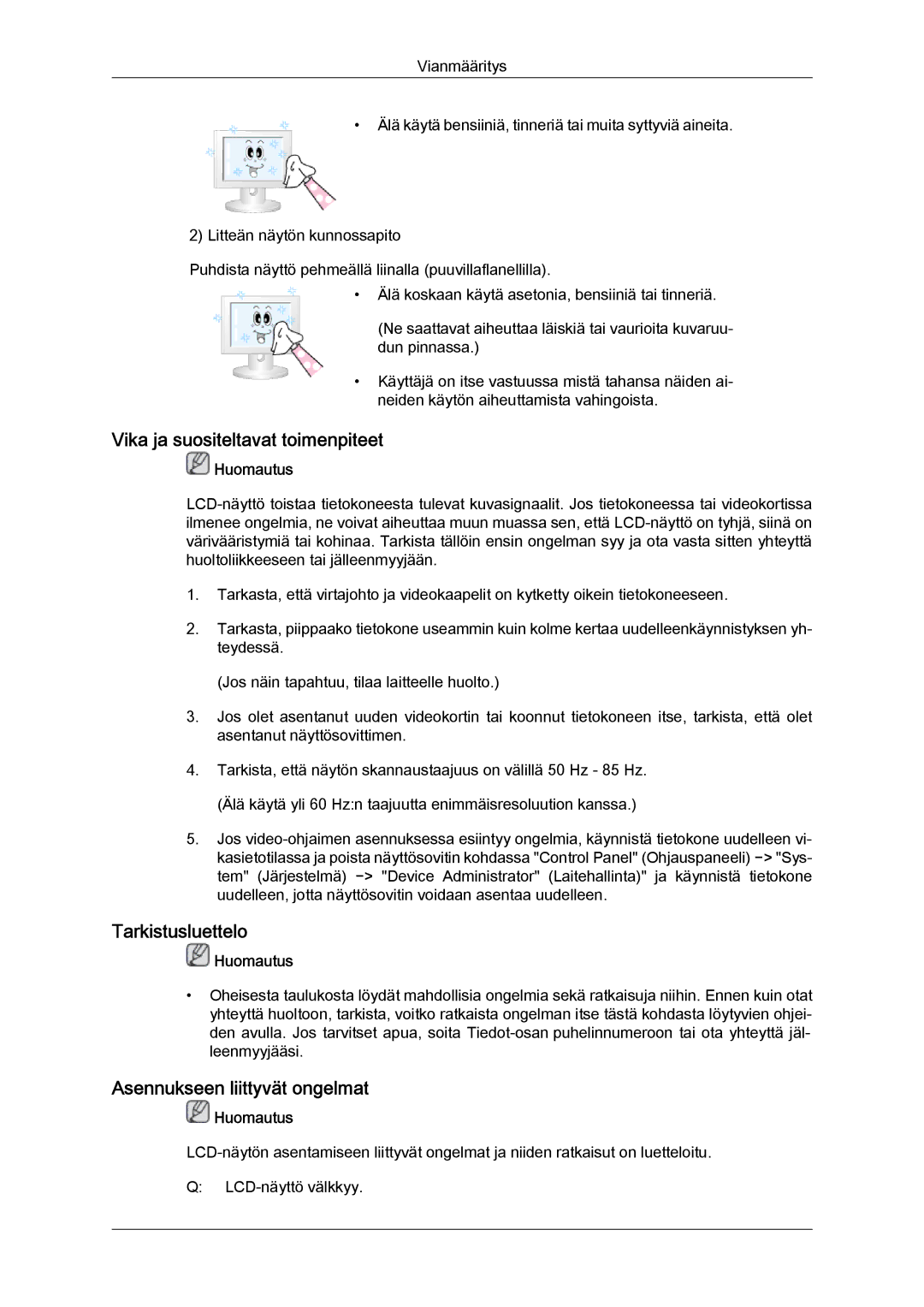 Samsung LH46CRPMBC/EN, LH46CRPMBD/EN Vika ja suositeltavat toimenpiteet, Tarkistusluettelo, Asennukseen liittyvät ongelmat 