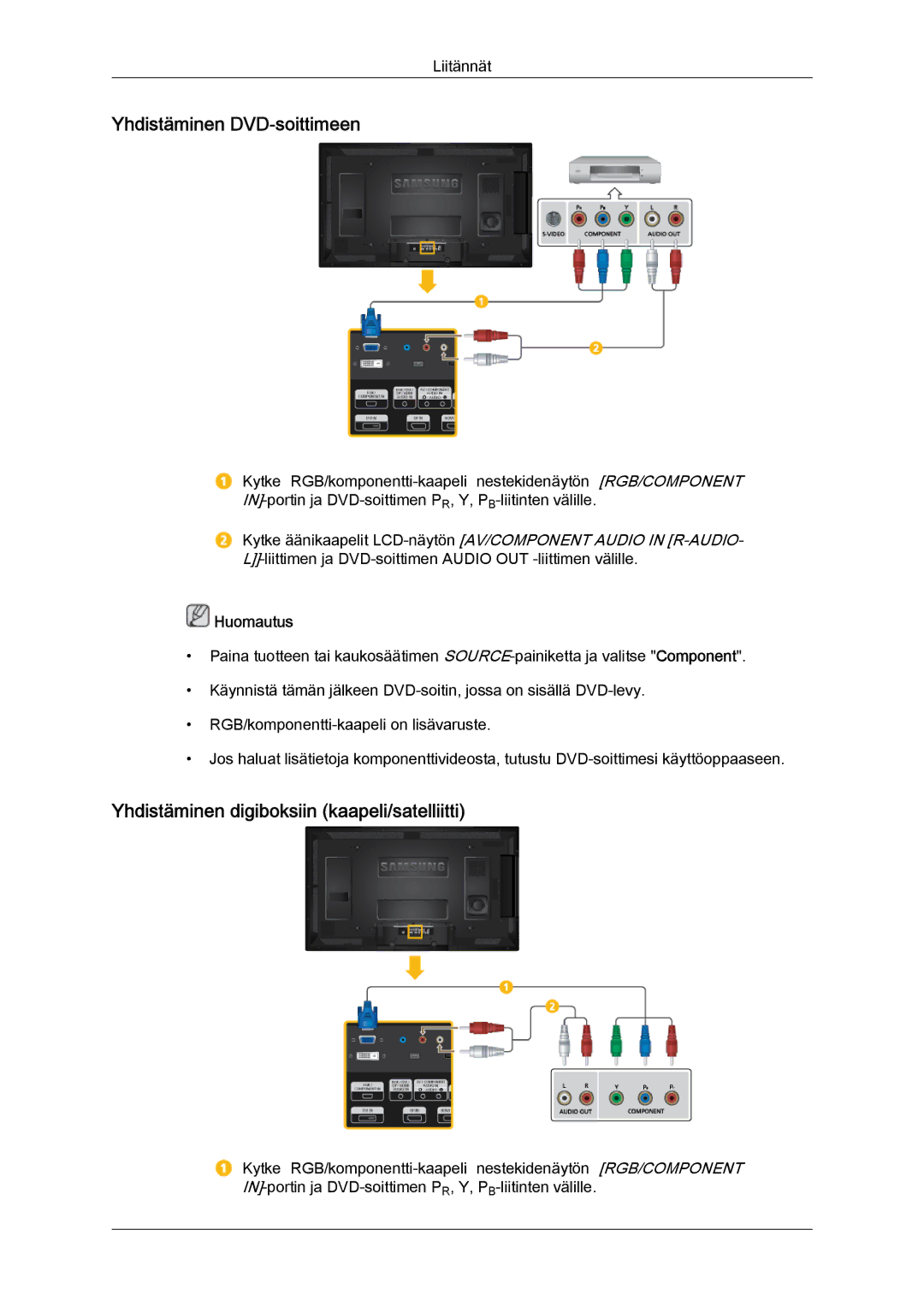 Samsung LH40CRPMBD/EN, LH46CRPMBD/EN manual Yhdistäminen DVD-soittimeen, Yhdistäminen digiboksiin kaapeli/satelliitti 